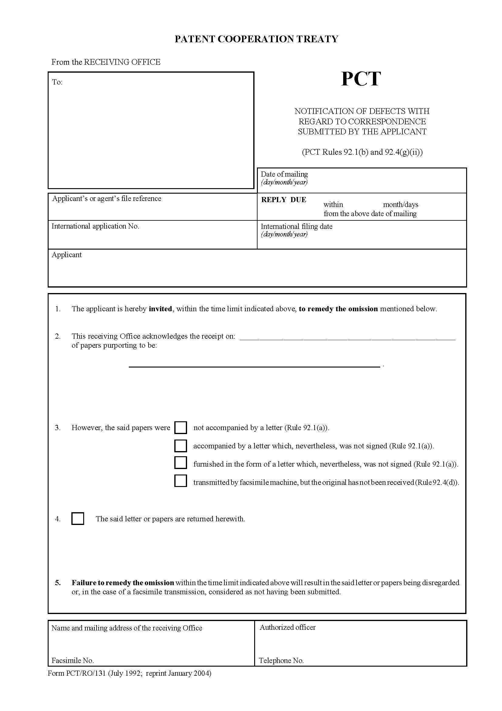 Notification Of Defects With Regard To Correspondence Submitted By The Applicant {PCT-RO-131} | Pdf Fpdf Docx | Official Federal Forms