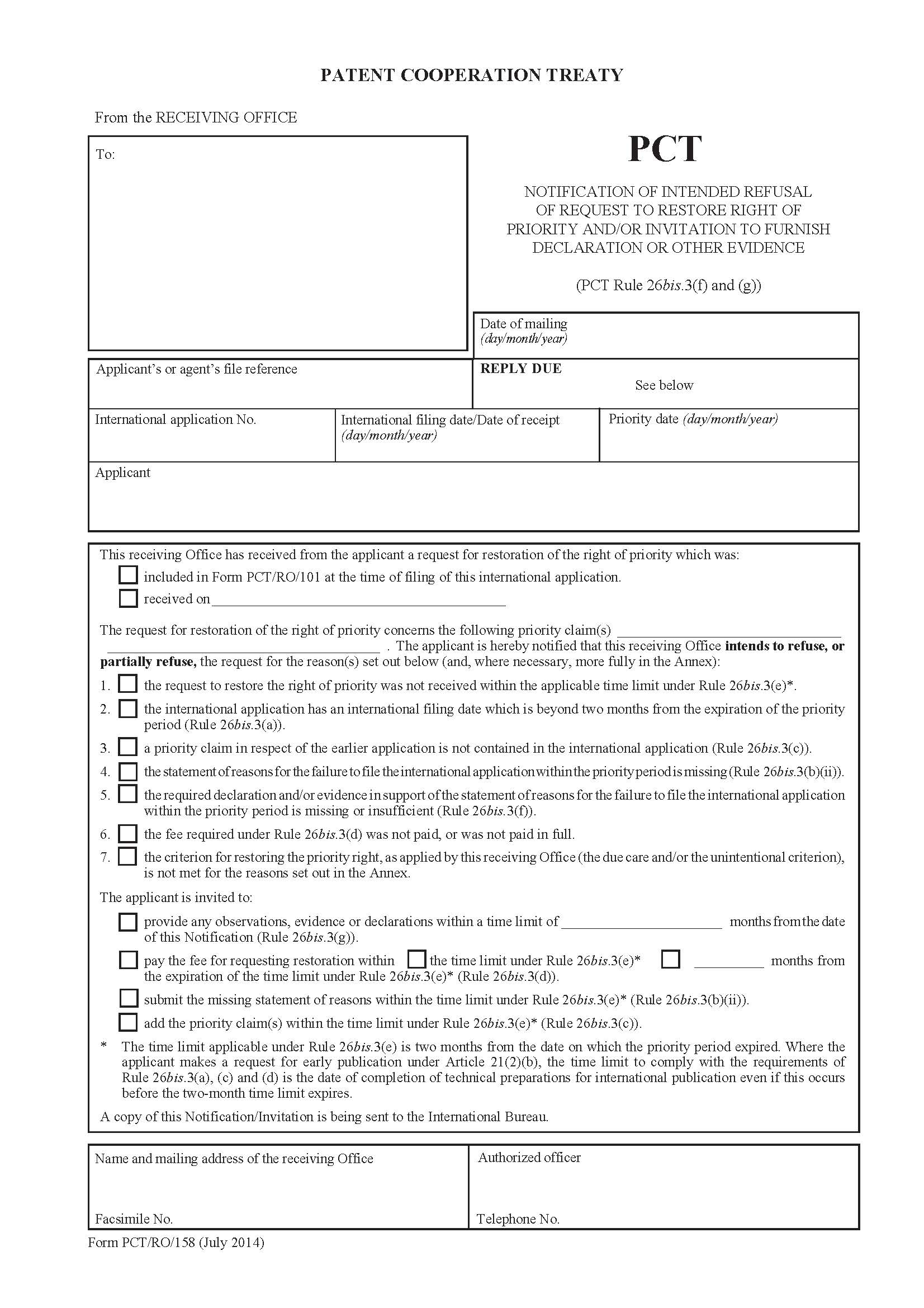 Notification Of Intended Refusal Of Request To Restore Right {PCT-RO-158} | Pdf Fpdf Docx | Official Federal Forms