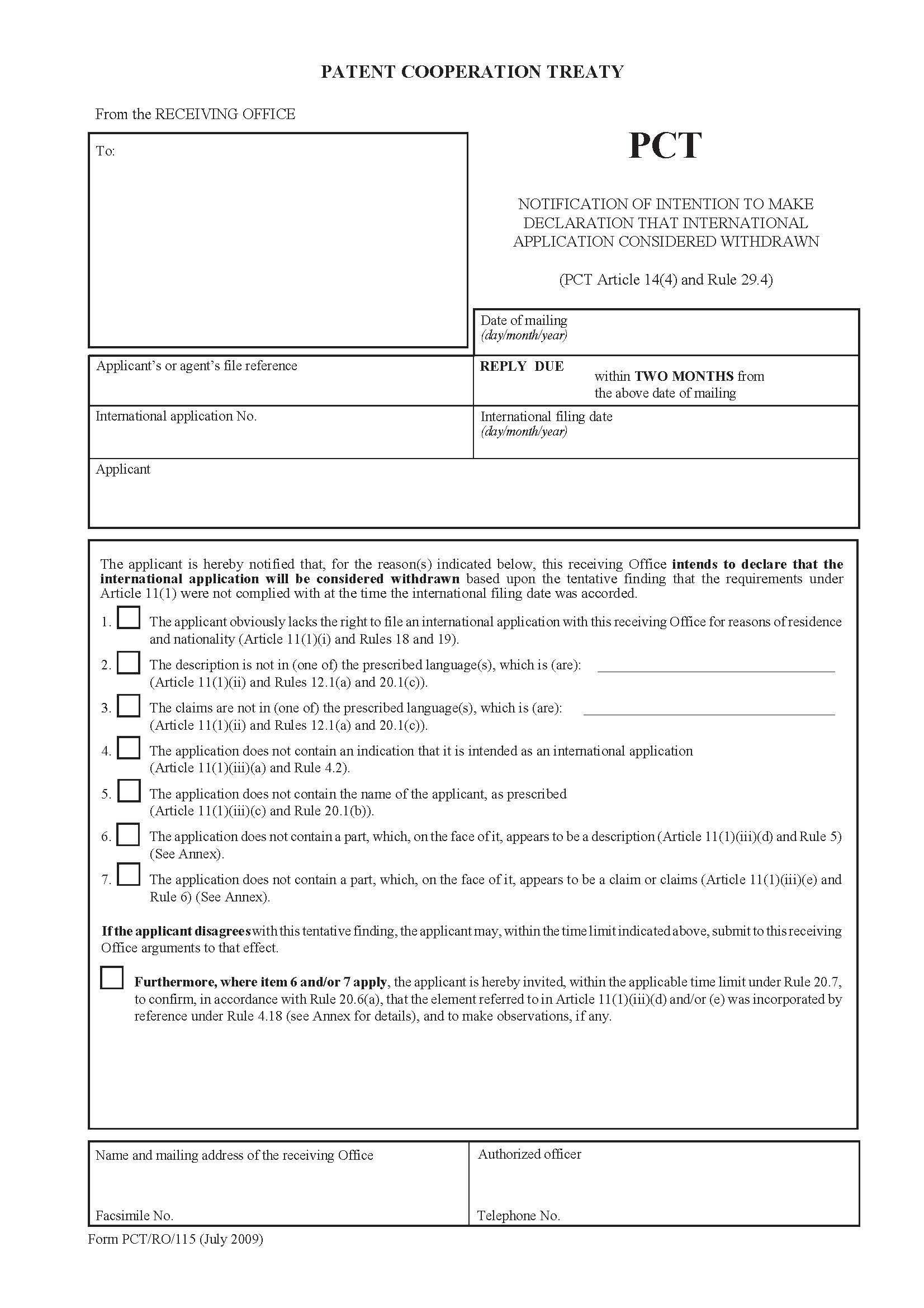 Notification Of Intention To Make Declaration That International Application Considered {PCT-RO-115} | Pdf Fpdf Docx | Official Federal Forms