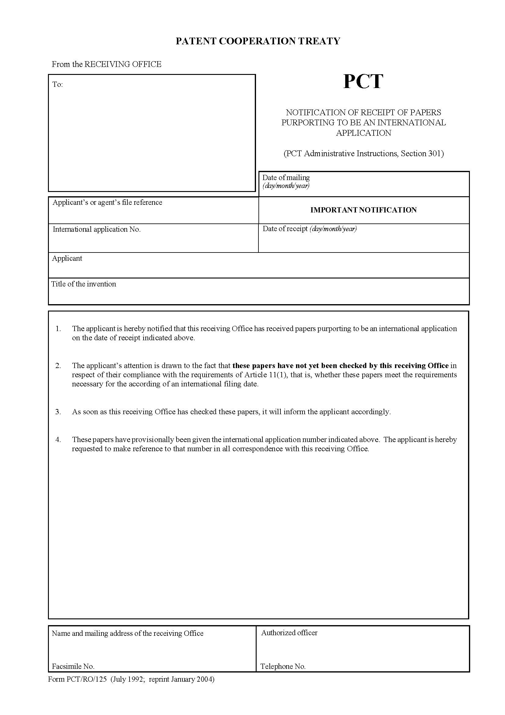 Notification Of Receipt Of Papers Purporting To Be An International Application {PCT-RO-125} | Pdf Fpdf Doc Docx | Official Federal Forms