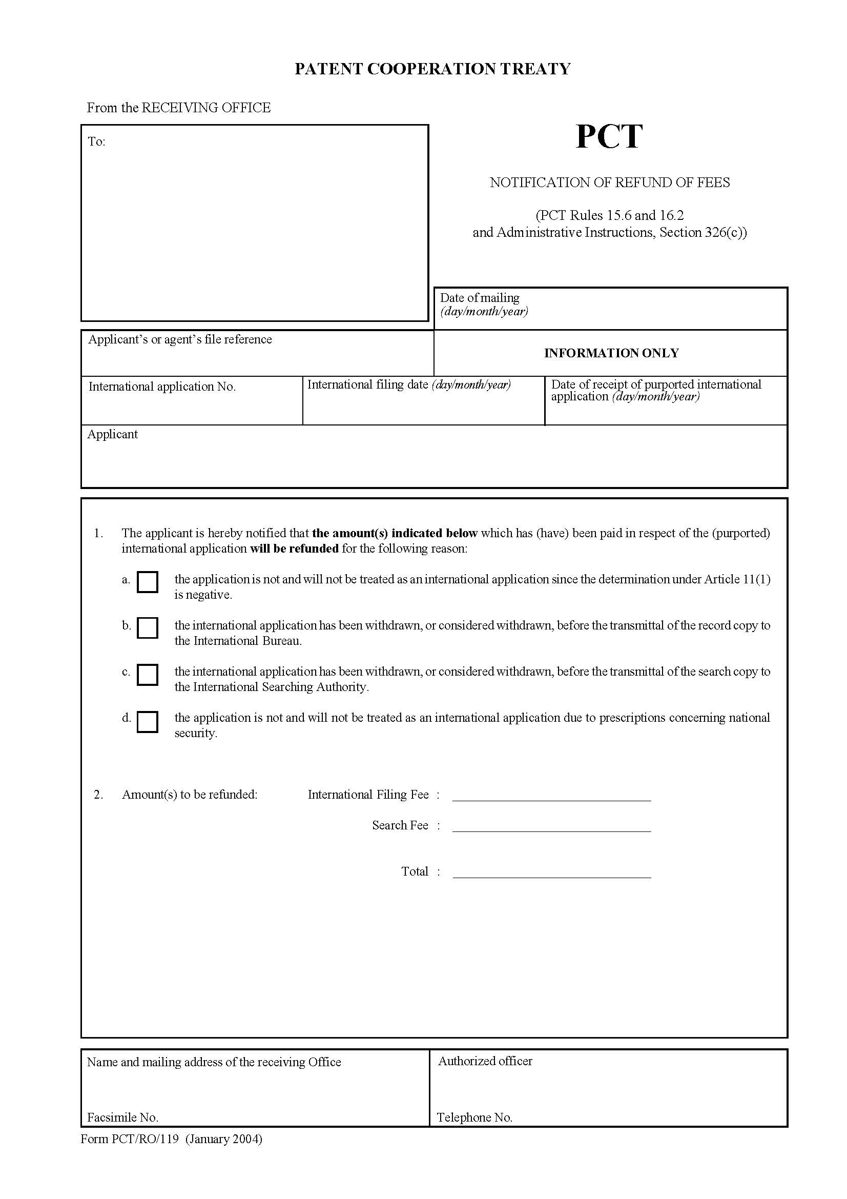 Notification Of Refund Of Fees {PCT-RO-119} | Pdf Fpdf Doc Docx | Official Federal Forms