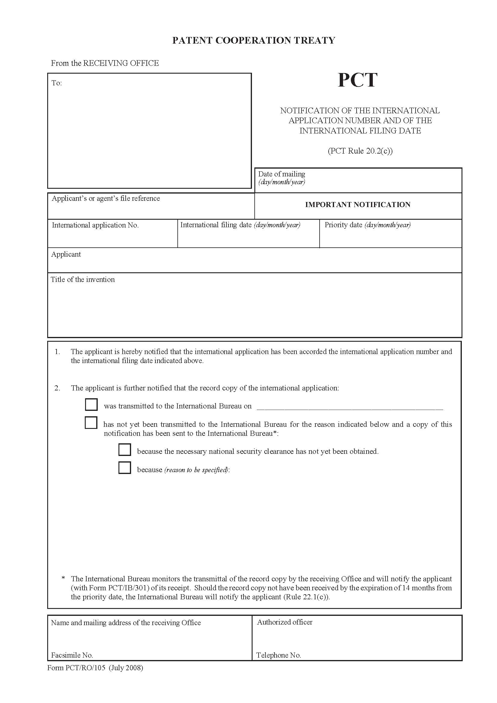 Notification Of The International Application Number And Of The International Filing Date {PCT-RO-105} | Pdf Fpdf Docx | Official Federal Forms