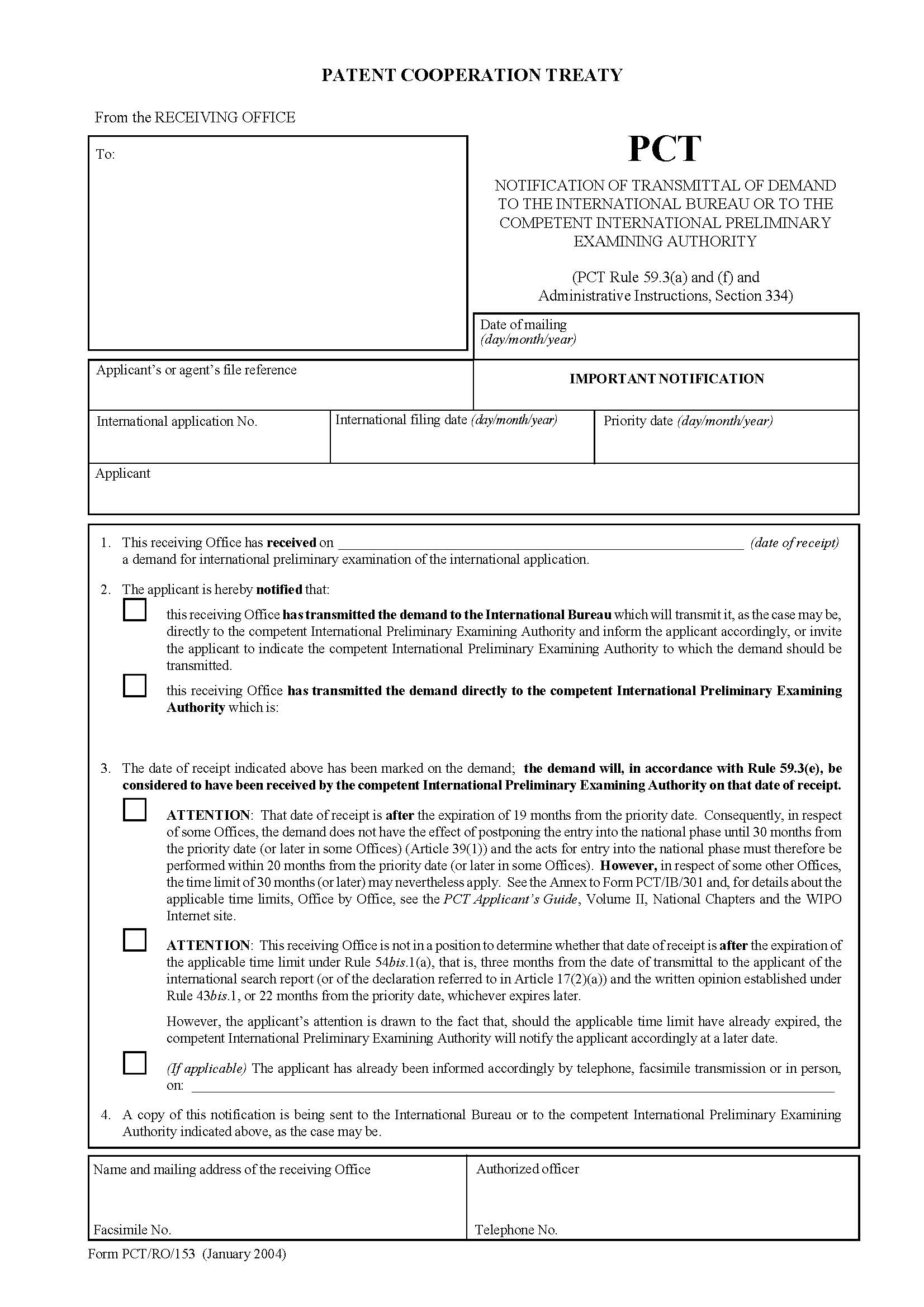 Notification Of Transmittal Of Demand To The International Bureau Or To The Competent {PCT-RO-153} | Pdf Fpdf Docx | Official Federal Forms