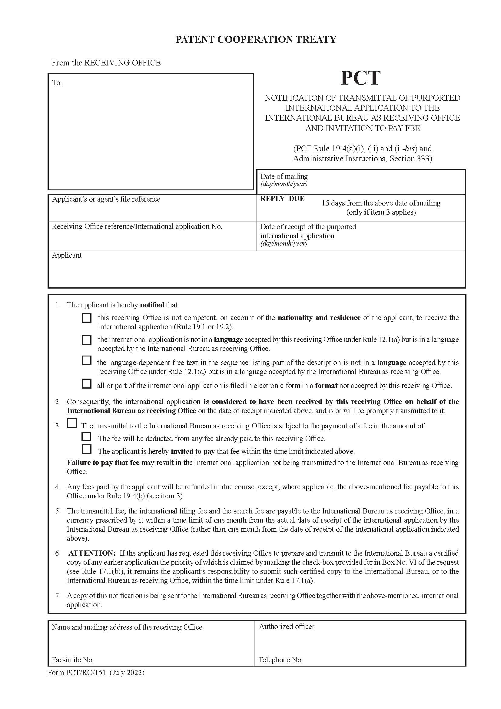 Notification Of Transmittal Of Purported International Application To The International {PCT-RO-151} | Pdf Fpdf Docx | Official Federal Forms