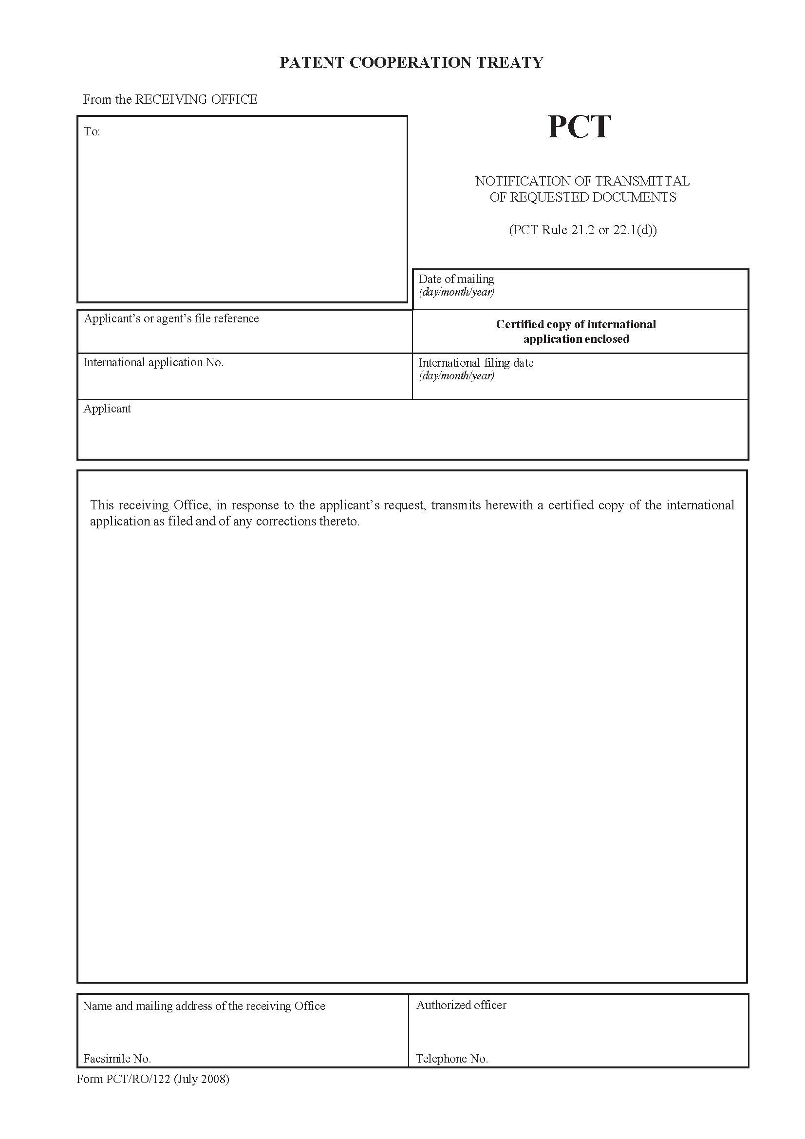 Notification Of Transmittal Of Requested Documents {PCT-RO-122} | Pdf Fpdf Docx | Official Federal Forms