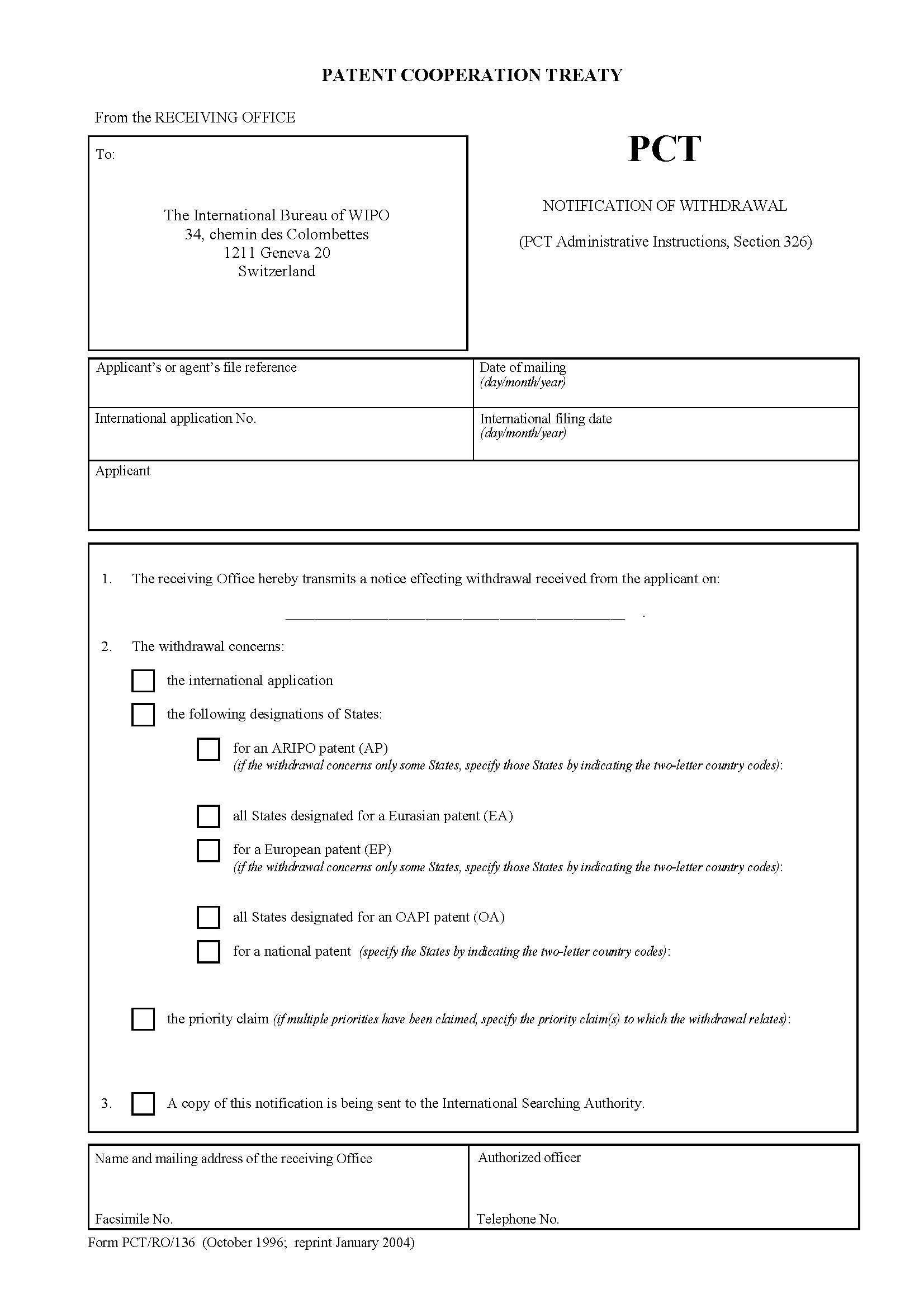 Notification Of Withdrawal {PCT-RO-136} | Pdf Fpdf Doc Docx | Official Federal Forms