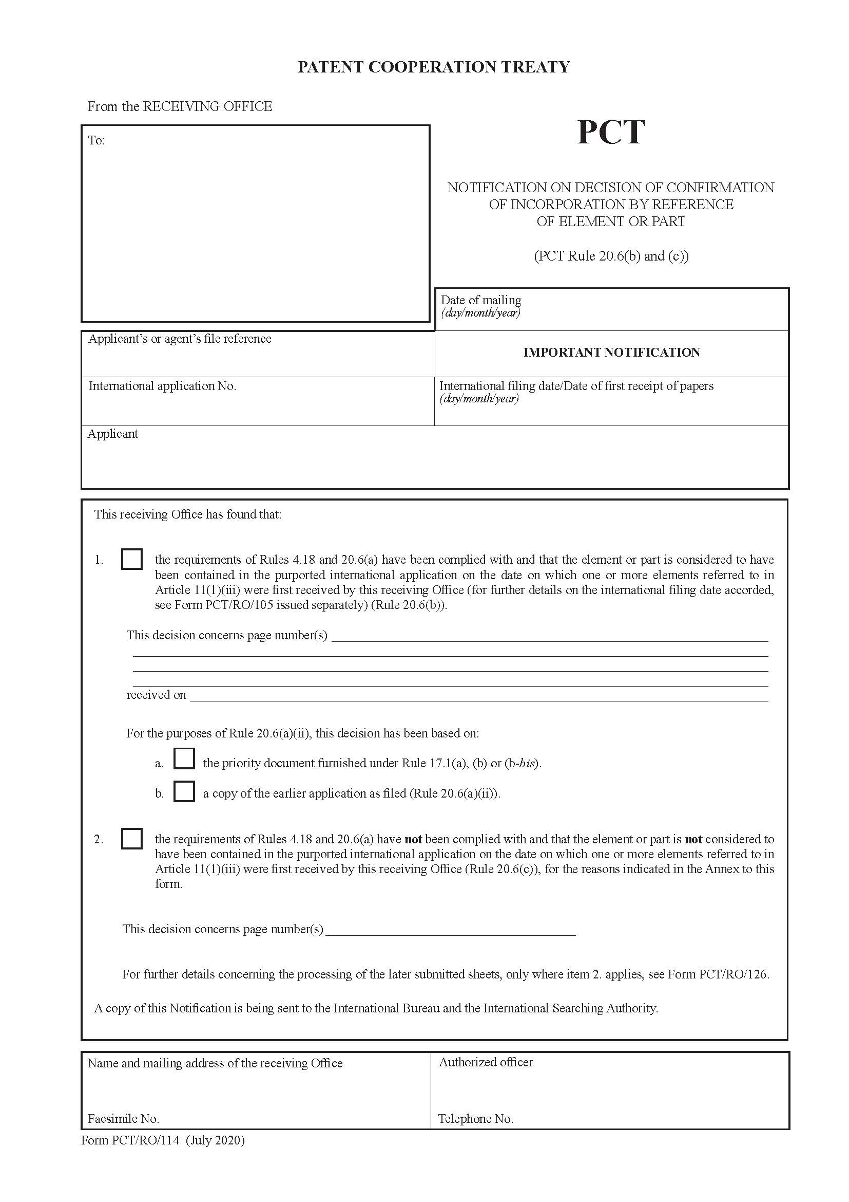 Notification On Decision Of Confirmation Of Incorporation By Reference {PCT-RO-114} | Pdf Fpdf Docx | Official Federal Forms