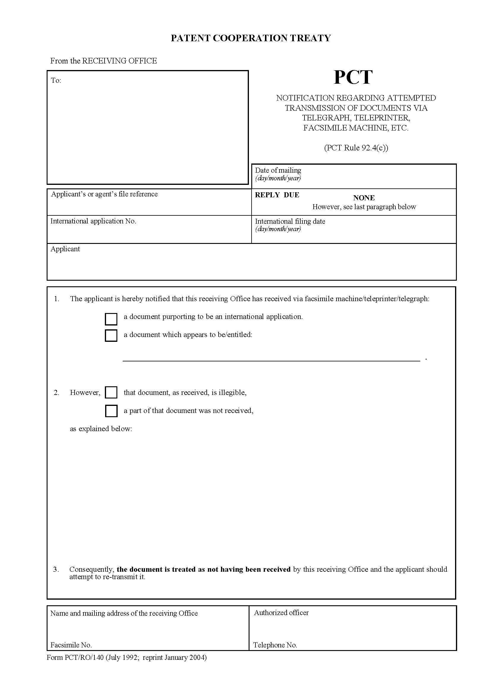 Notification Regarding Attempted Transmission Of Documents Via Telegraph Teleprinter {PCT-RO-140} | Pdf Fpdf Docx | Official Federal Forms