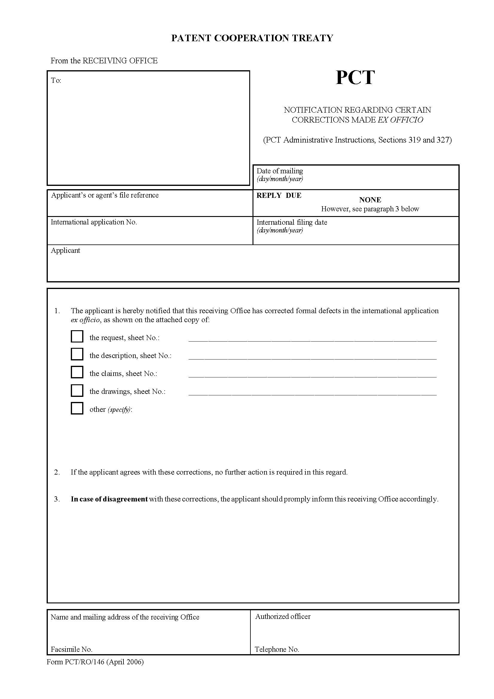 Notification Regarding Certain Corrections Made Ex Officio {PCT-RO-146} | Pdf Fpdf Doc Docx | Official Federal Forms