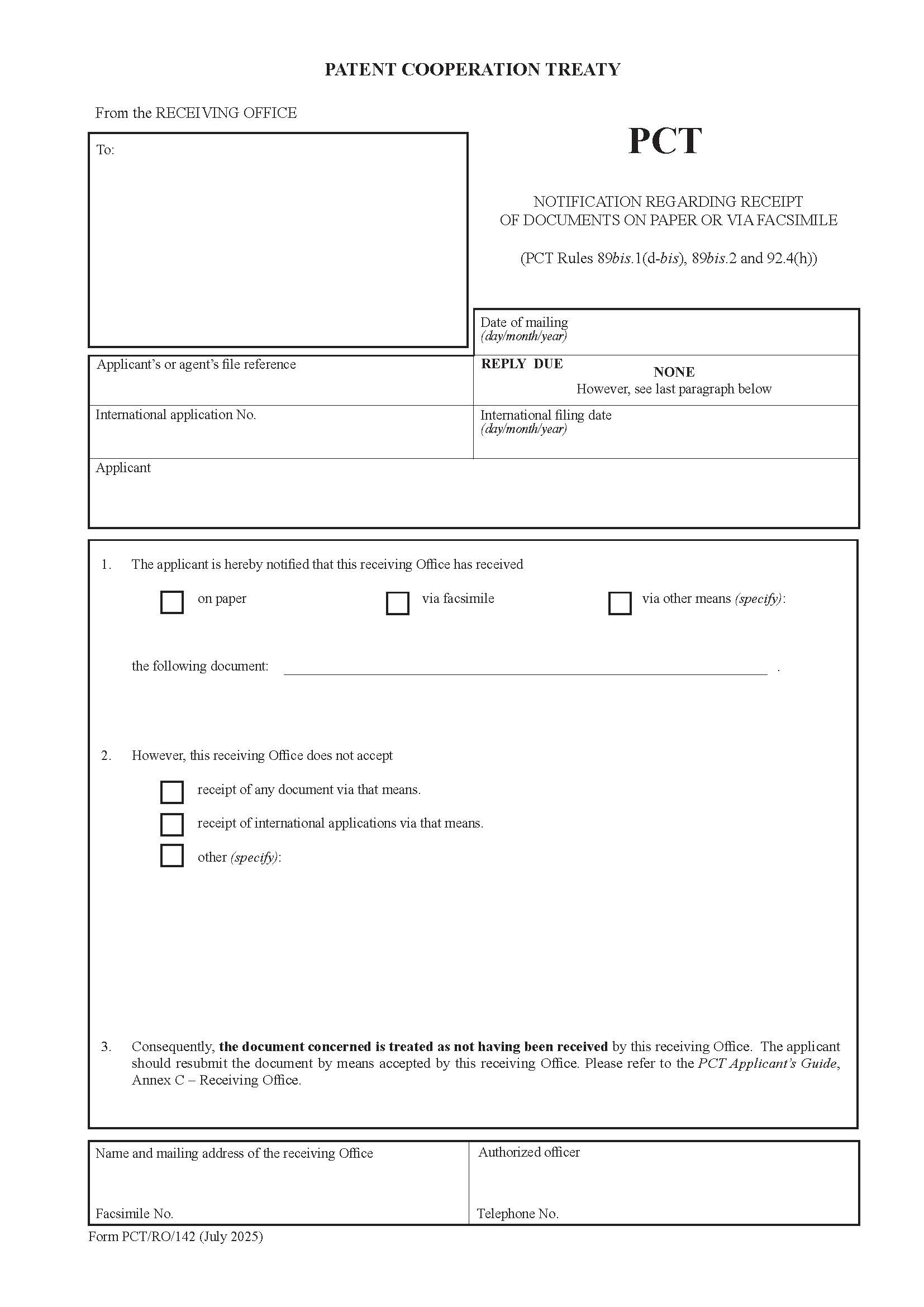 Notification Regarding Receipt Of Documents Via Telegraph Teleprinter Facsimile Machine {PCT-RO-142} | Pdf Fpdf Doc Docx | Official Federal Forms