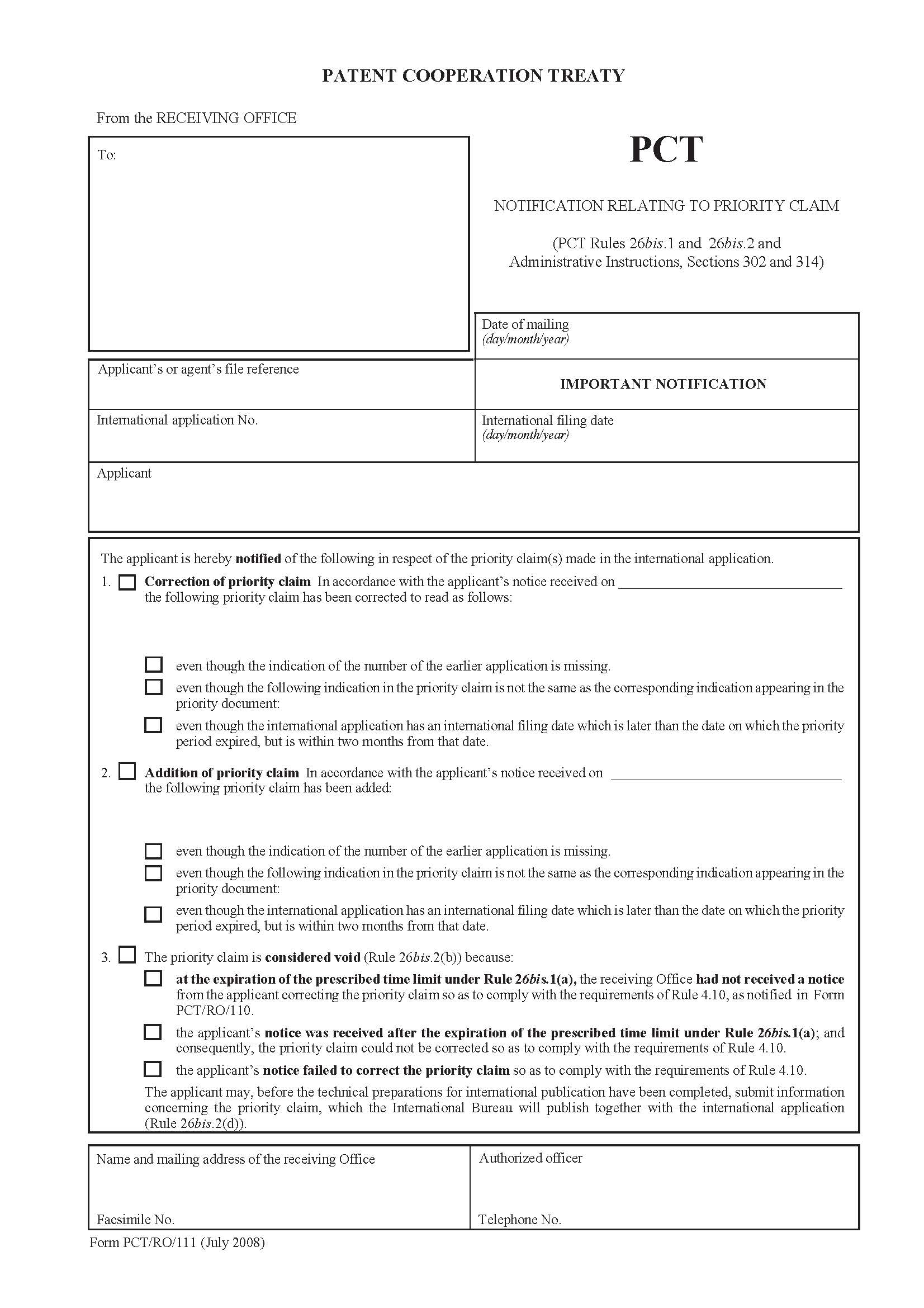 Notification Relating To Priority Claim {PCT-RO-111} | Pdf Fpdf Docx | Official Federal Forms