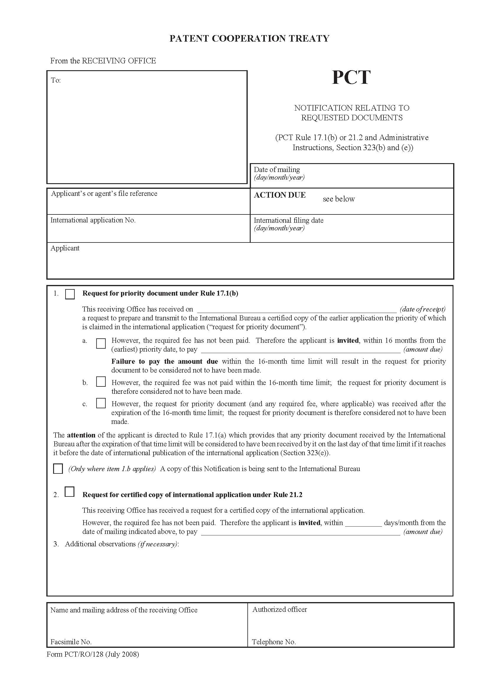 Notification Relating To Requested Documents {PCT-RO-128} | Pdf Fpdf Doc Docx | Official Federal Forms
