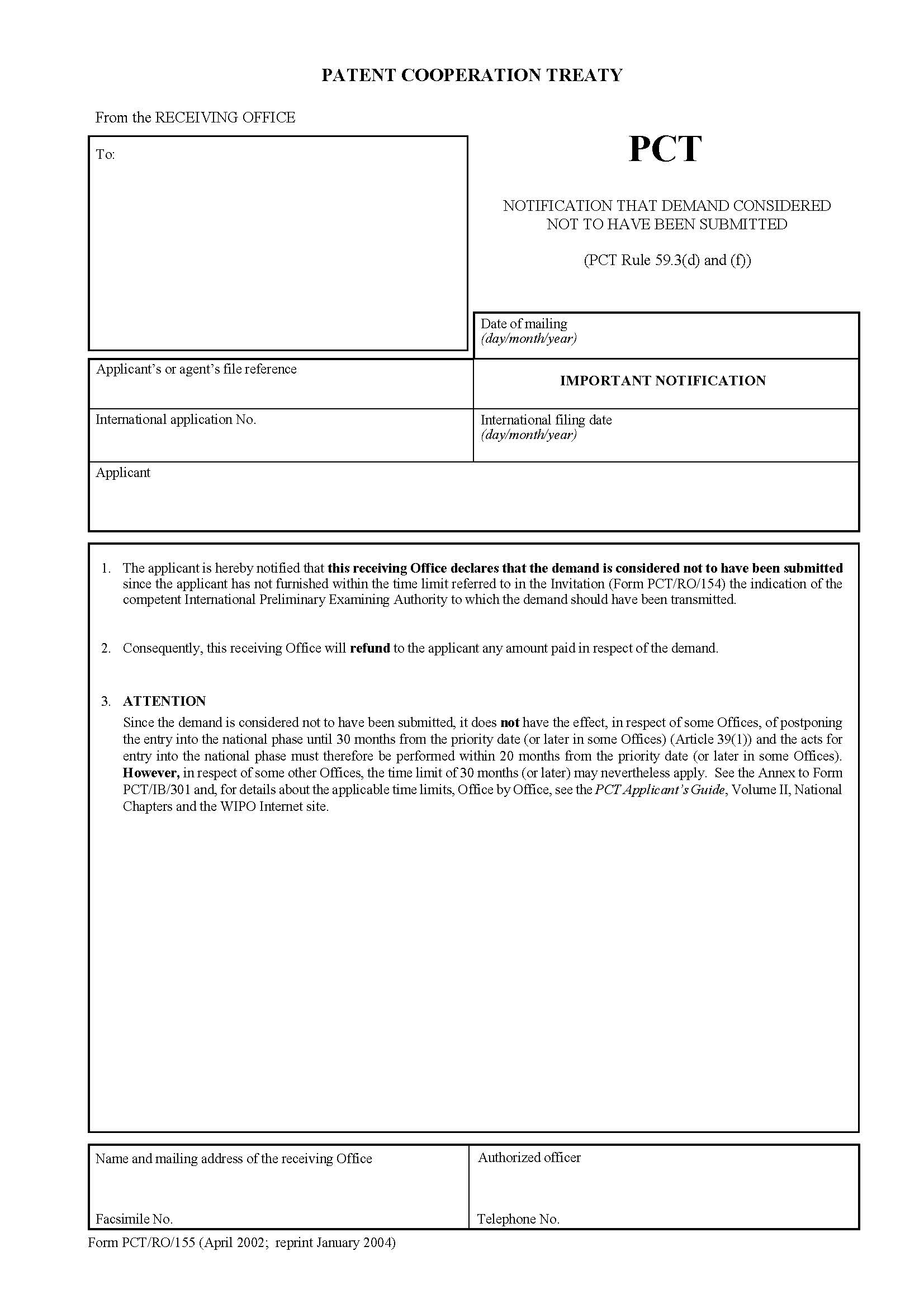 Notification That Demand Considered Not To Have Been Submitted {PCT-RO-155} | Pdf Fpdf Doc Docx | Official Federal Forms