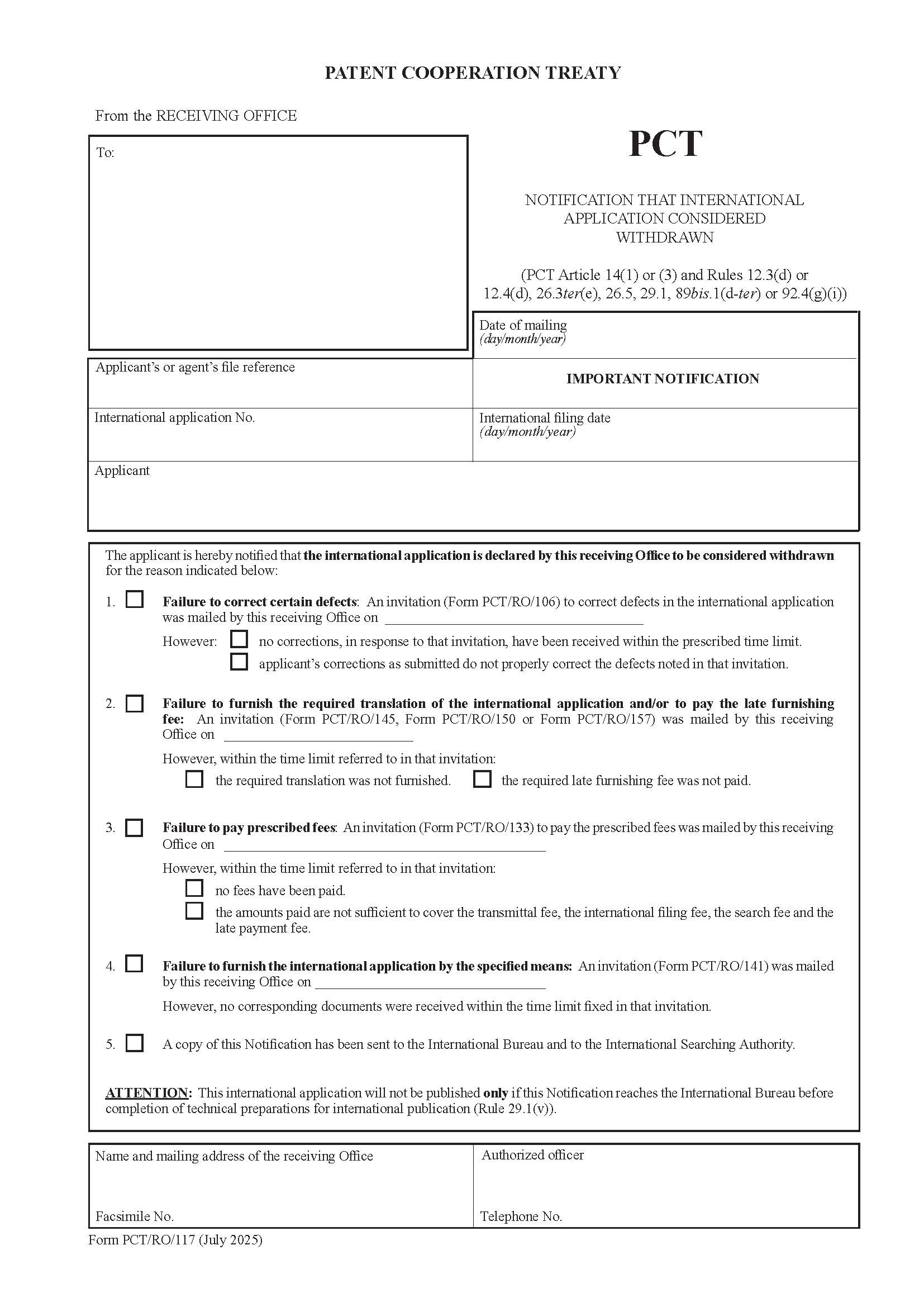 Notification That International Application Considered To Be Withdrawn {PCT-RO-117} | Pdf Fpdf Docx | Official Federal Forms