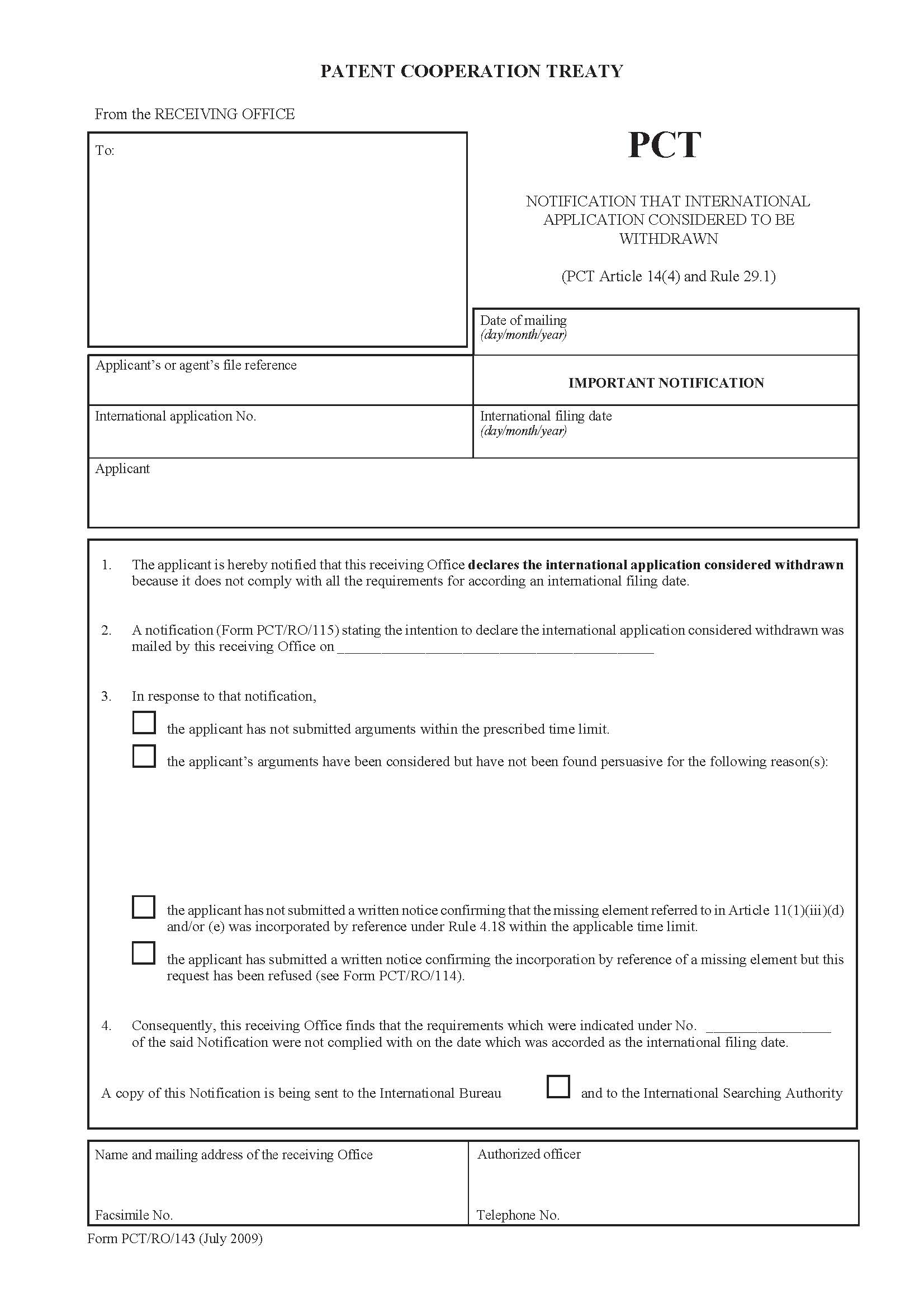 Notification That International Application Considered To Be Withdrawn {PCT-RO-143} | Pdf Fpdf Docx | Official Federal Forms