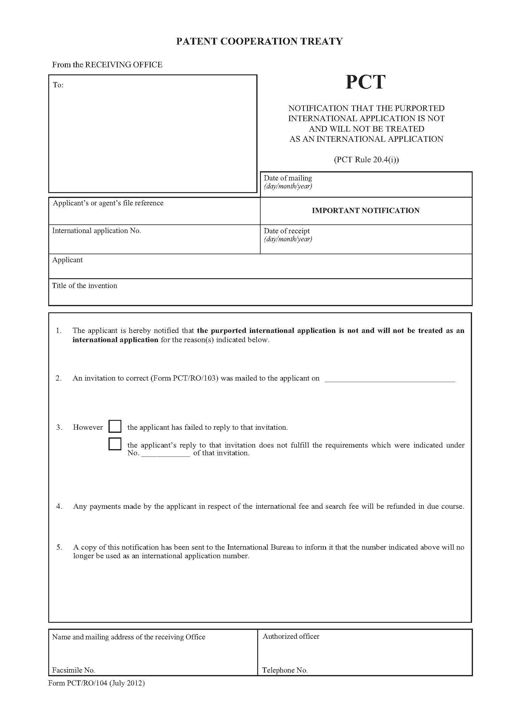 Notification That The Purported International Application Is Not And Will Not Be Treated {PCT-RO-104} | Pdf Fpdf Docx | Official Federal Forms