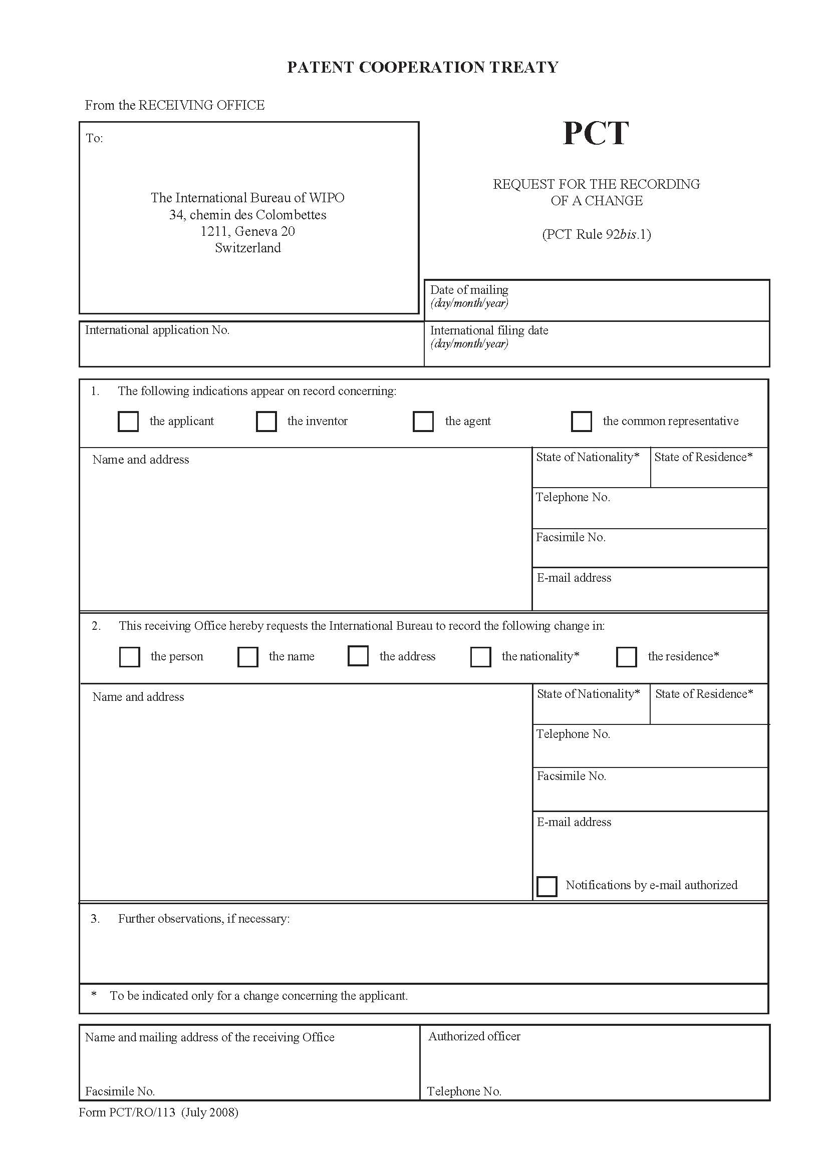 Request For The Recording Of A Change {PCT-RO-113} | Pdf Fpdf Docx | Official Federal Forms