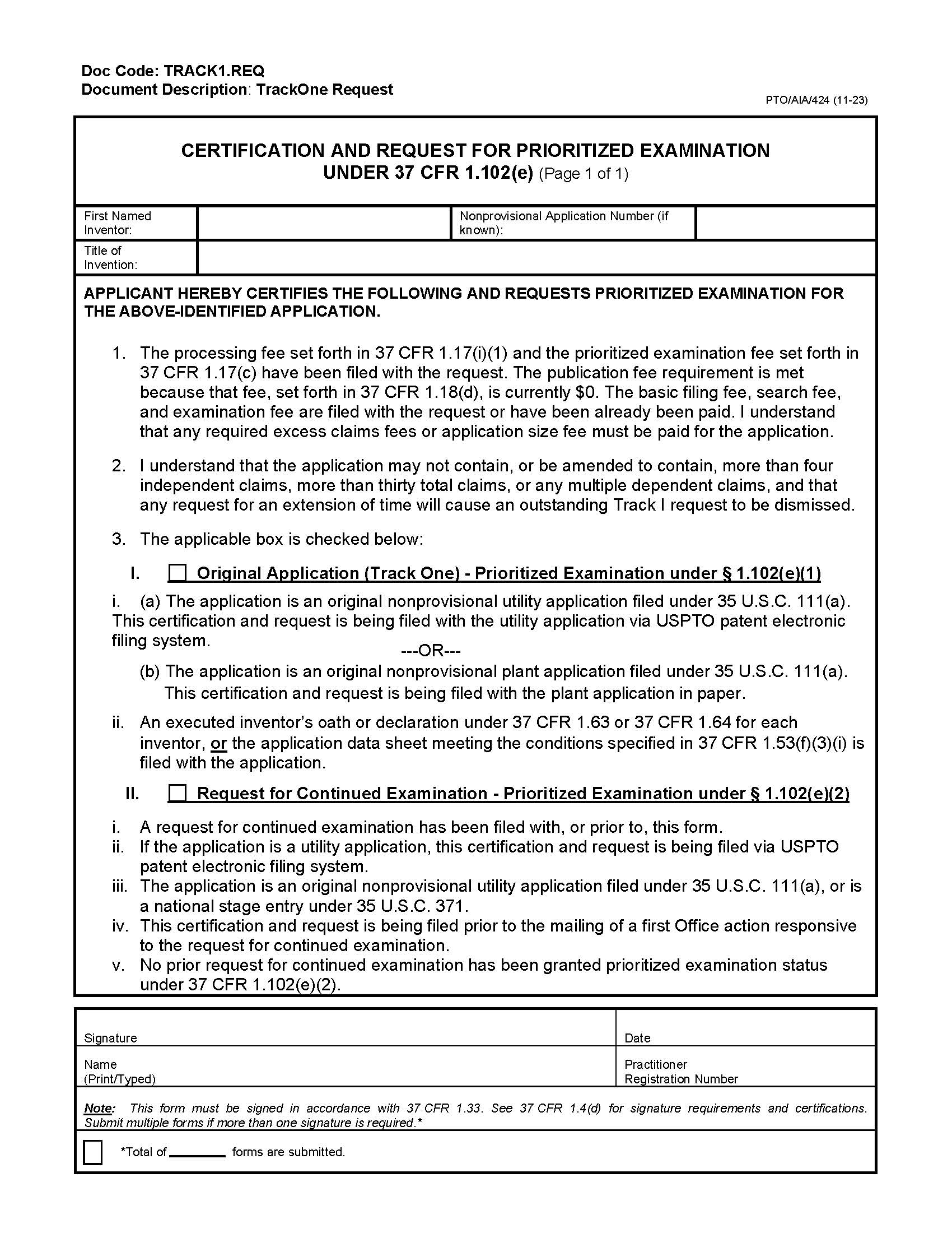 Certification And Request For Prioritized Examination {PTO-AIA-424} | Pdf Fpdf Docx | Official Federal Forms