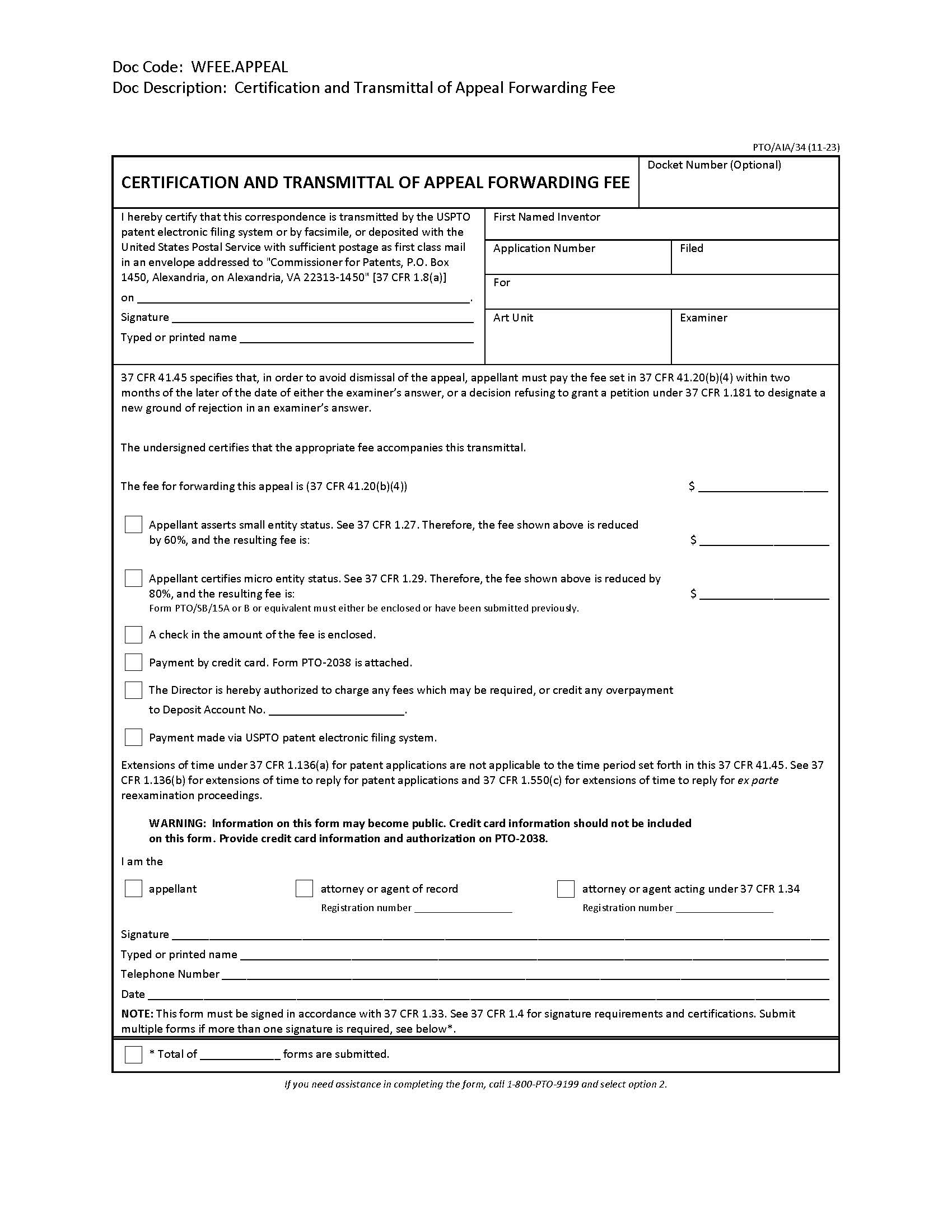Certification And Transmittal Of Appeal Forwarding Fee {PTO-AIA-34} | Pdf Fpdf Docx | Official Federal Forms