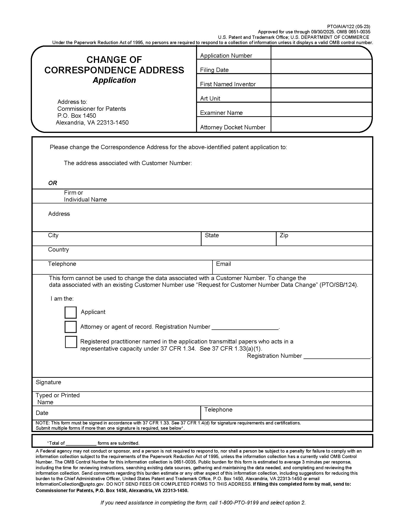 Change Of Correspondence Address Application {PTO-AIA-122} | Pdf Fpdf Docx | Official Federal Forms