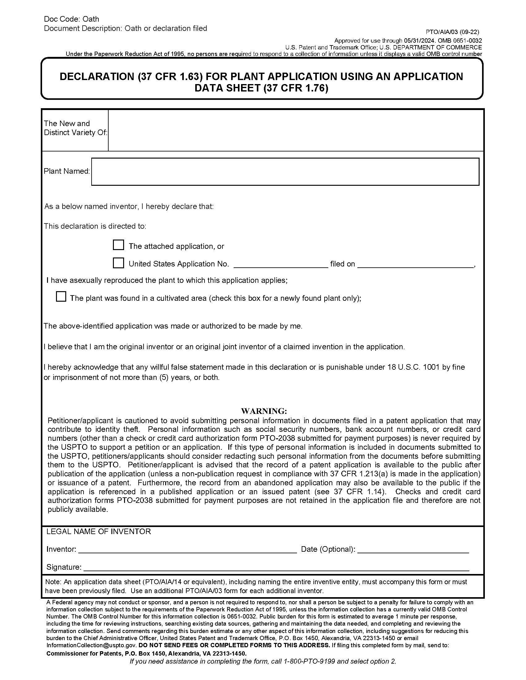 Declaration (37 CFR 1.63) For Plant Application Using An Application Data Sheet {PTO-AIA-03} | Pdf Fpdf Docx | Official Federal Forms