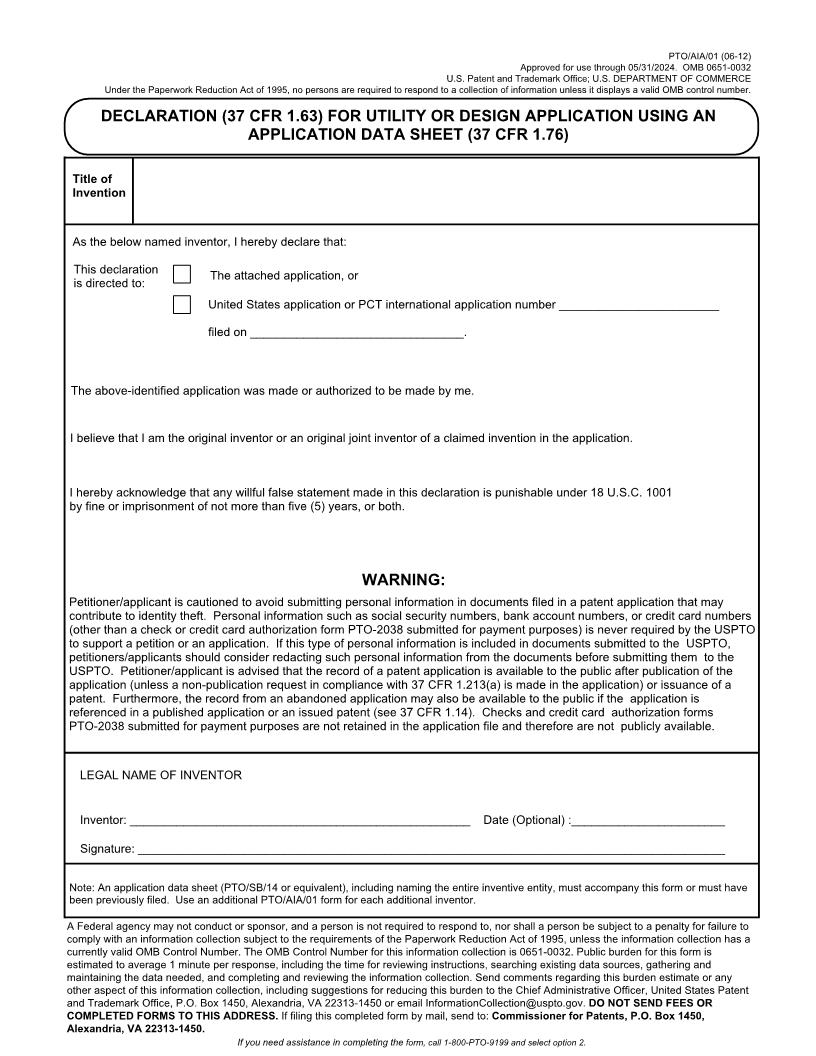 Declaration (37 CFR 1.63) For Utility Or Design Application {PTO-AIA-01} | Pdf Fpdf Docx | Official Federal Forms
