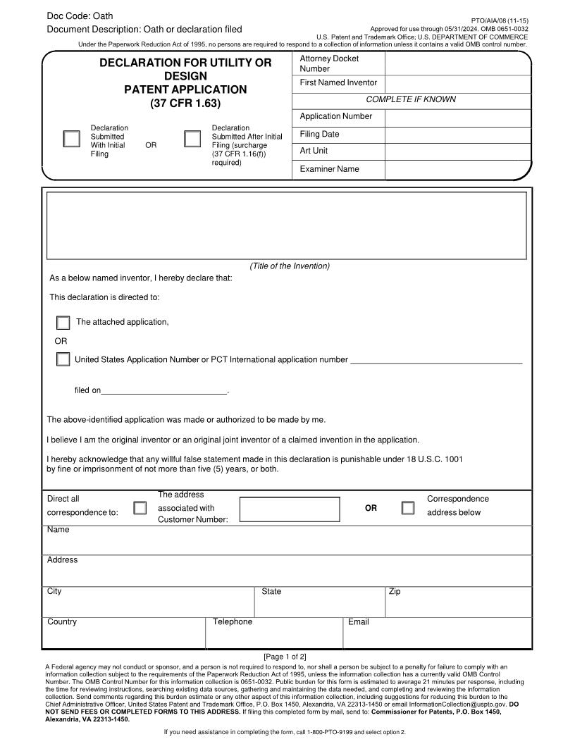 Declaration For Utility Or Design Patent Application (37 CFR 1.63) {PTO-AIA-08} | Pdf Fpdf Docx | Official Federal Forms
