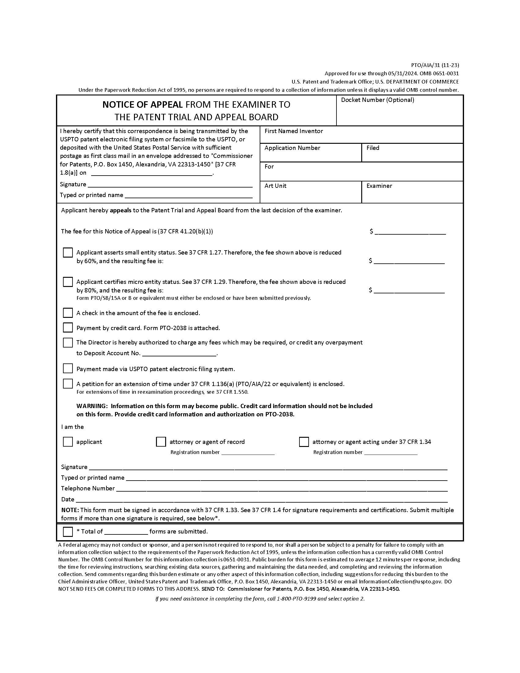 Notice Of Appeal {PTO-AIA-31} | Pdf Fpdf Docx | Official Federal Forms