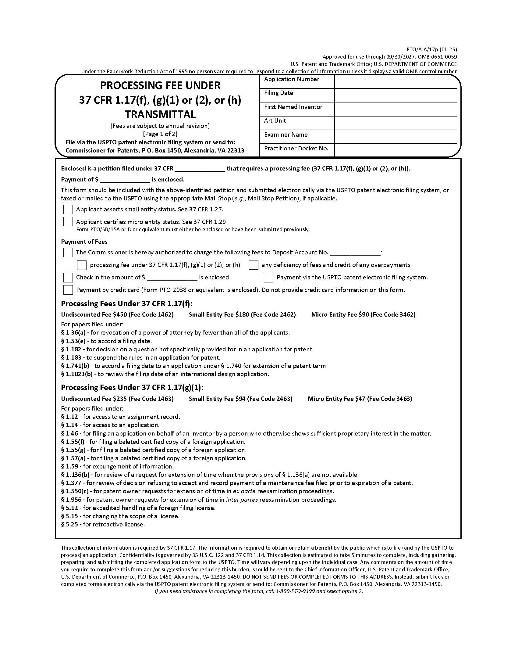 Petition Fee Under CFR 1.17(f)(g)(h) Transmittal {PTO-AIA-17p} | Pdf Fpdf Docx | Official Federal Forms
