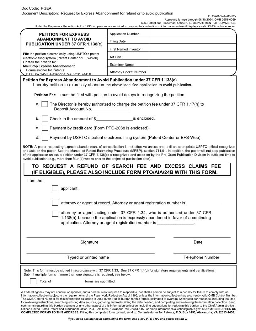 Petition For Express Abandonment To Avoid Publication Under 37 CFR 1.138(c) {PTO-AIA-24A} | Pdf Fpdf Docx | Official Federal Forms