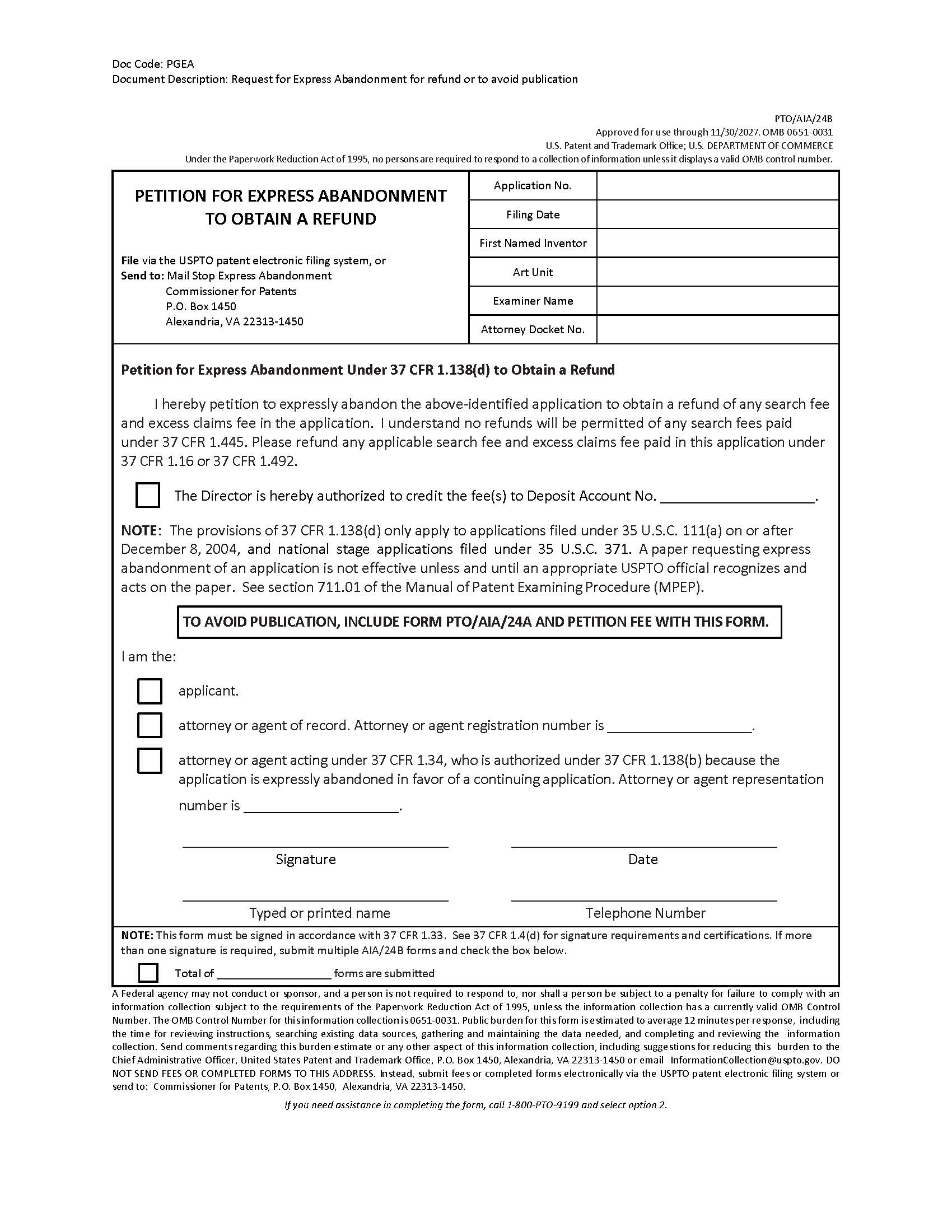 Petition For Express Abandonment To Obtain A Refund {PTO-AIA-24B} | Pdf Fpdf Docx | Official Federal Forms