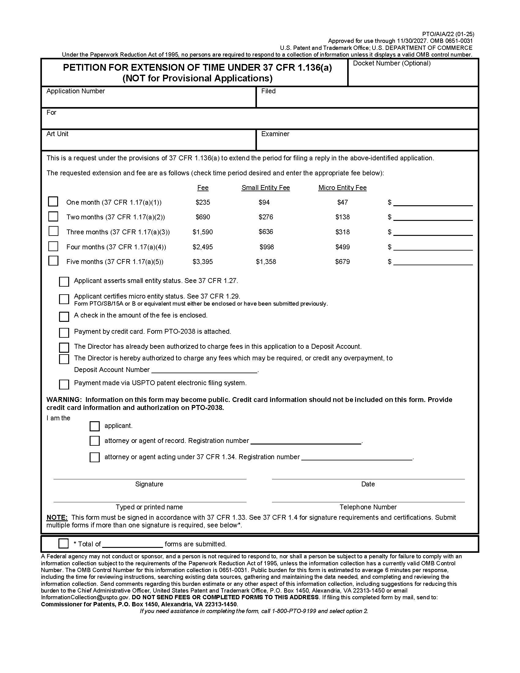 Petition For Extension Of Time Under 37 CFR 1.136(a) {PTO-AIA-22} | Pdf Fpdf Docx | Official Federal Forms