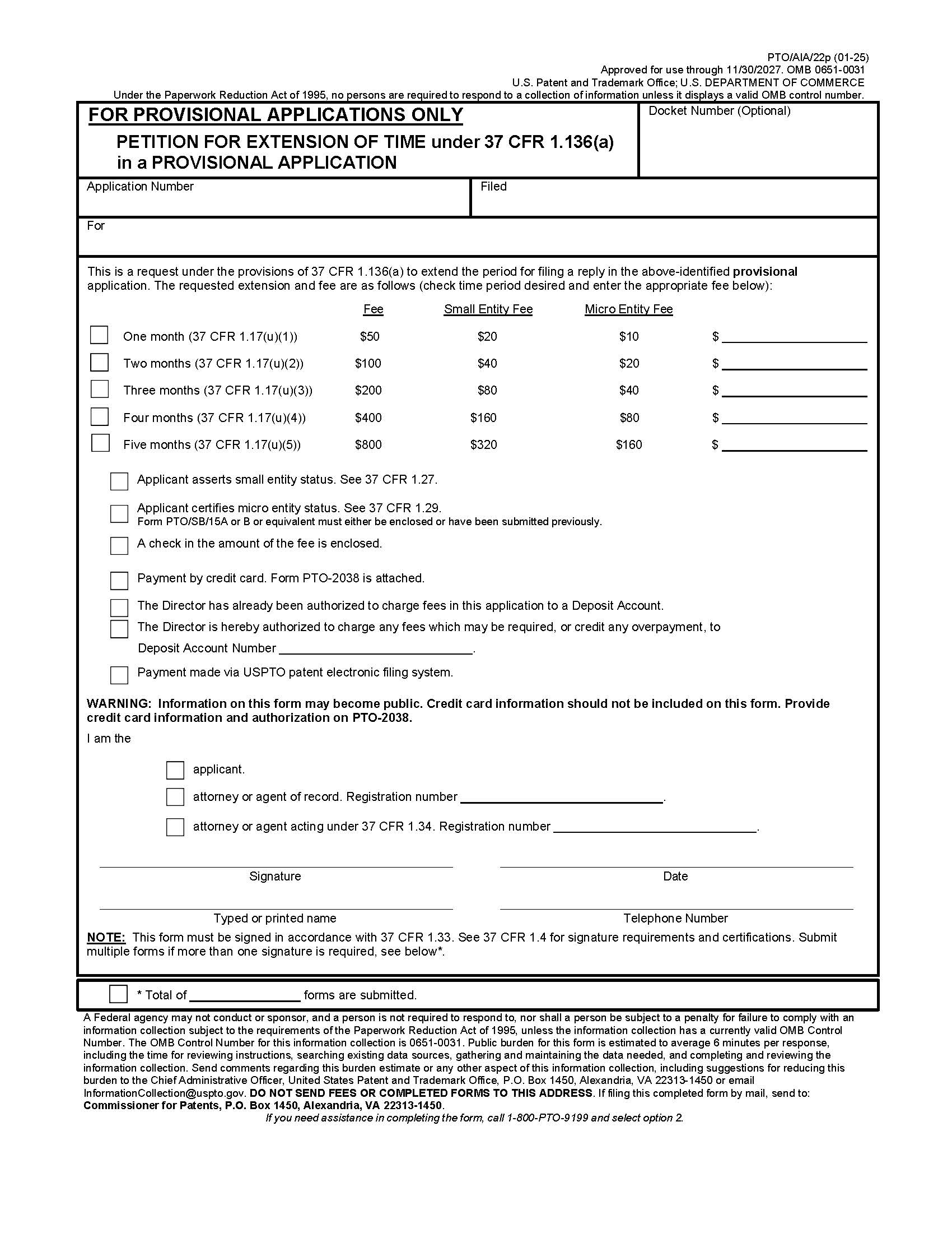 Petition For Extension Of Time Under 37 CFR 1.136(a) In A Provisional Application {AIA-22p} | Pdf Fpdf Docx | Official Federal Forms