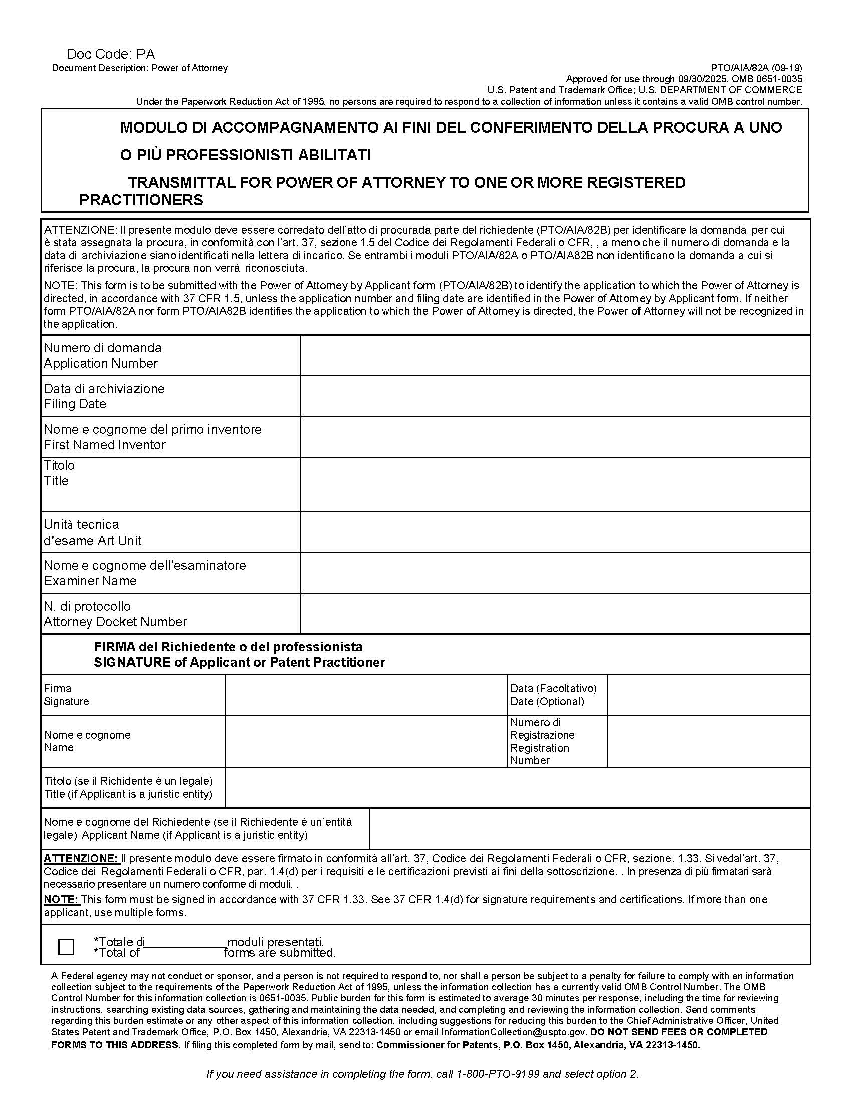 Power Of Attorney Or Revocation Of Power Of Attorney (Italian) {PTO-AIA-82IT} | Pdf Fpdf Docx | Official Federal Forms