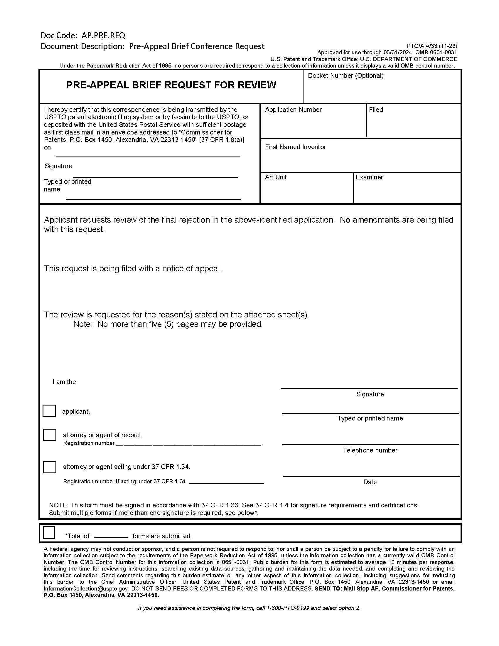 Pre-Appeal Brief Request For Review {PTO-AIA-33} | Pdf Fpdf Docx | Official Federal Forms