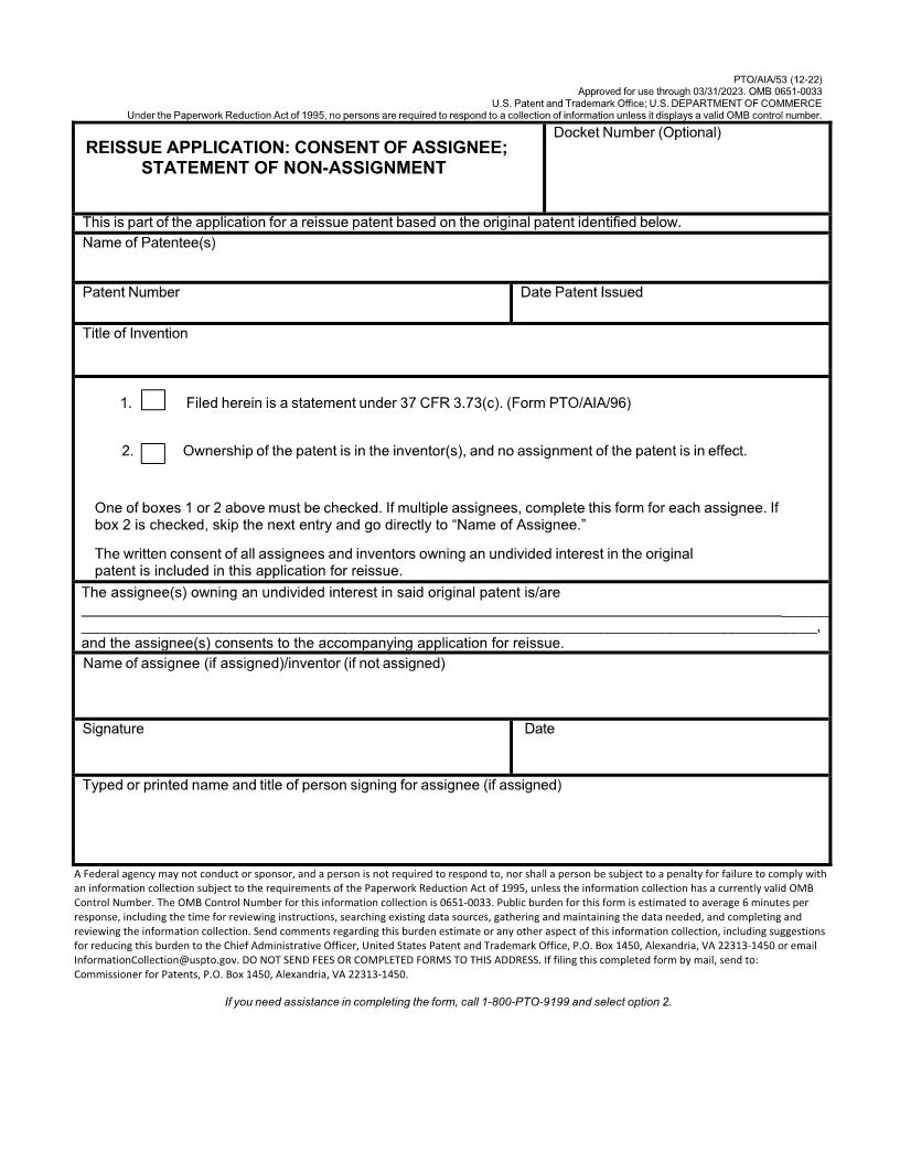 Reissue Application Consent Of Assignee Statement Of Non-Assignment {PTO-AIA-53} | Pdf Fpdf Docx | Official Federal Forms