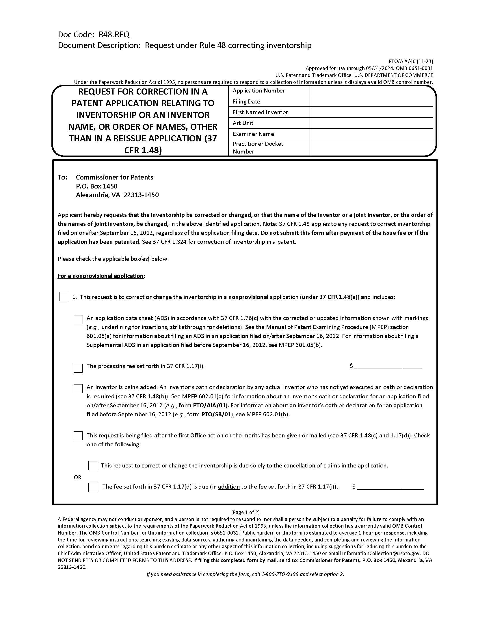 Request For Correction In A Patent Application Relating To Inventorship {PTO-AIA-40} | Pdf Fpdf Docx | Official Federal Forms