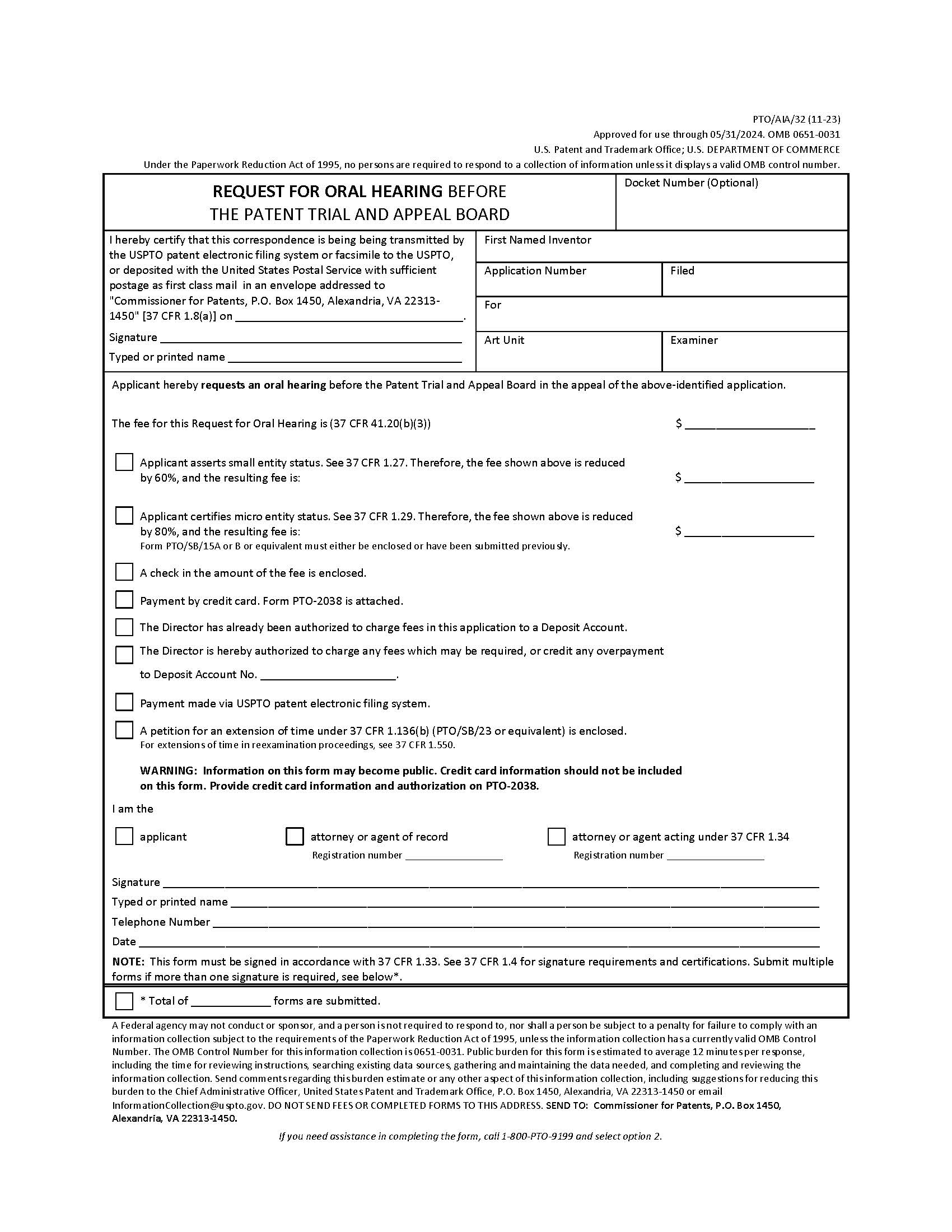 Request For Oral Hearing Before The Patent Trial And Appeal Board {PTO-AIA-32} | Pdf Fpdf Docx | Official Federal Forms