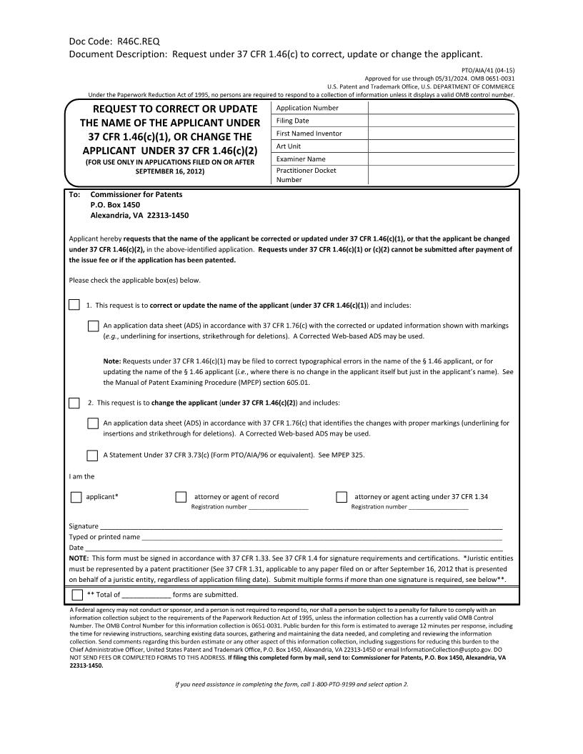 Request To Correct Or Update The Name Of The Applicant {PTO-AIA-41} | Pdf Fpdf Docx | Official Federal Forms