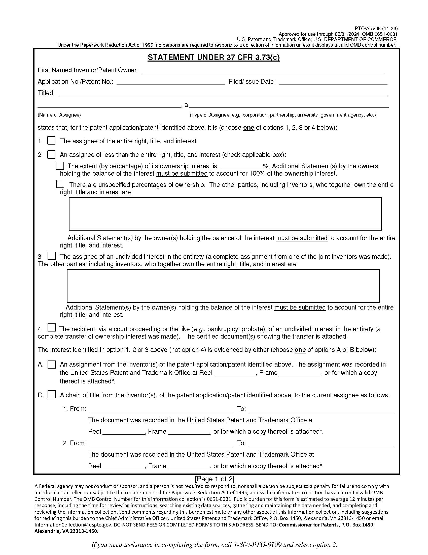 Statement Under 37 CFR 3.73(c) {PTO-AIA-96} | Pdf Fpdf Docx | Official Federal Forms