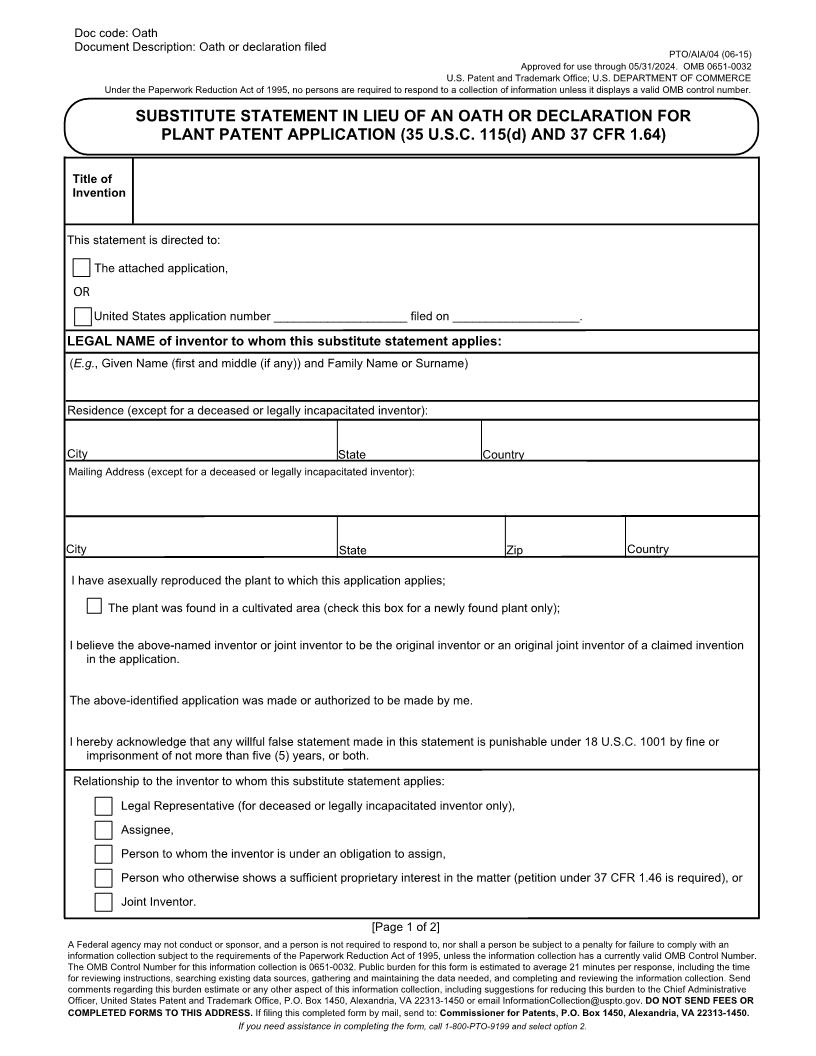 Substitute Statement In Lieu Of An Oath Or Declaration For Plant Patent Application {PTO-AIA-04} | Pdf Fpdf Docx | Official Federal Forms