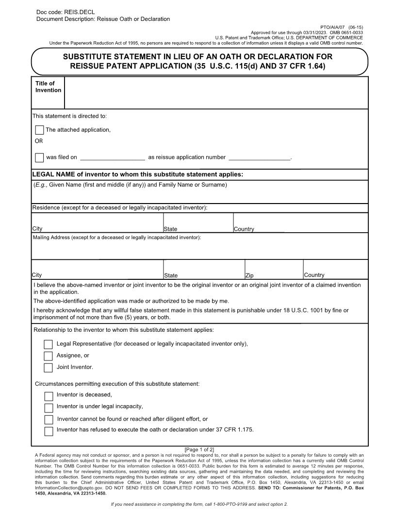 Substitute Statement In Lieu Of An Oath Or Declaration For Reissue Patent Application {PTO-AIA-07} | Pdf Fpdf Docx | Official Federal Forms