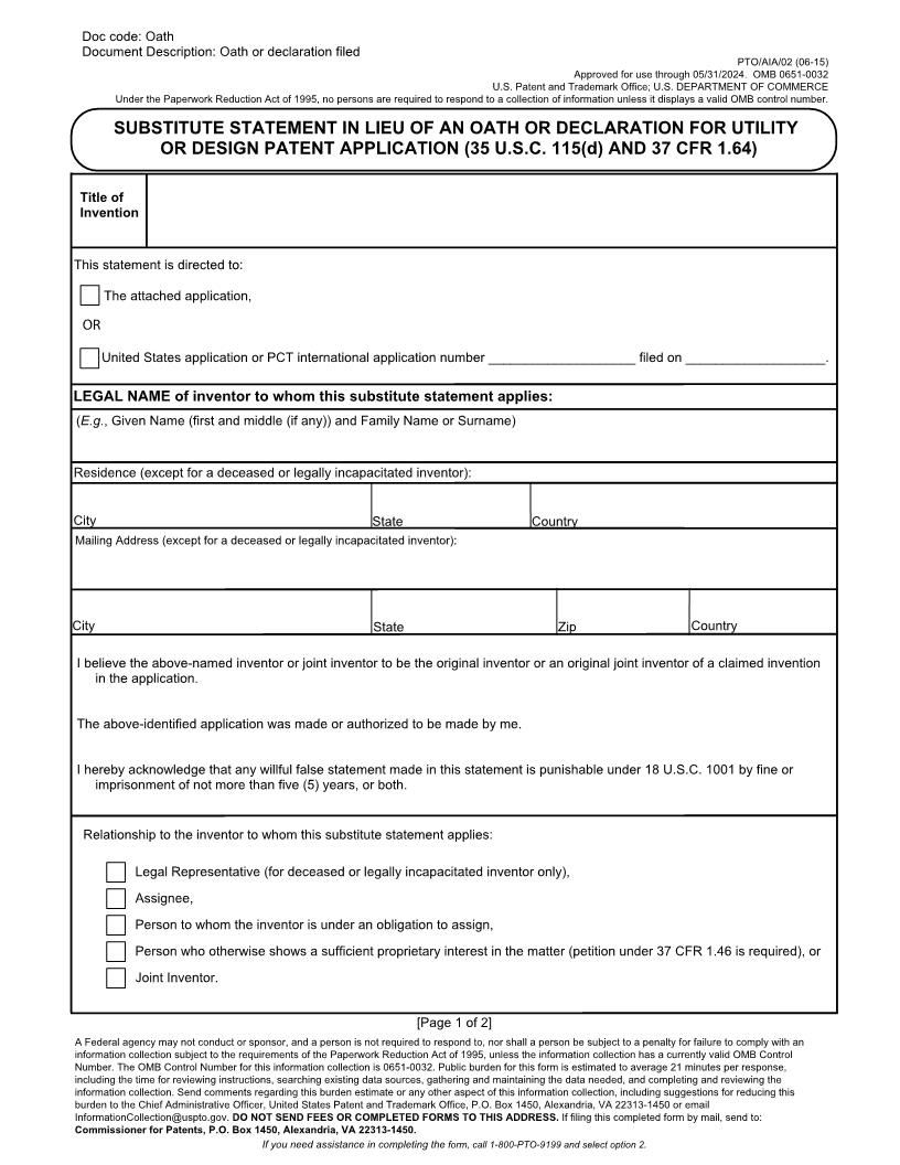 Substitute Statement In Lieu Of An Oath Or Declaration For Utility {PTO-AIA-02} | Pdf Fpdf Docx | Official Federal Forms
