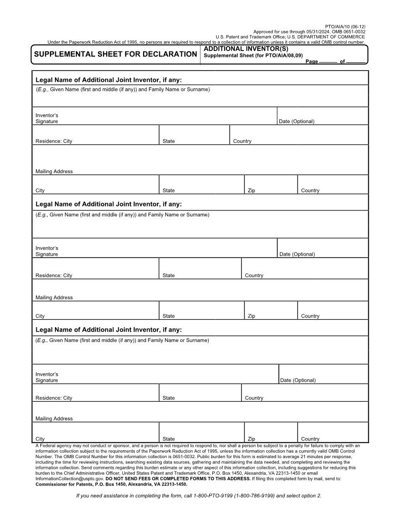 Supplemental Sheet For Declaration {PTO-AIA-10} | Pdf Fpdf Docx | Official Federal Forms