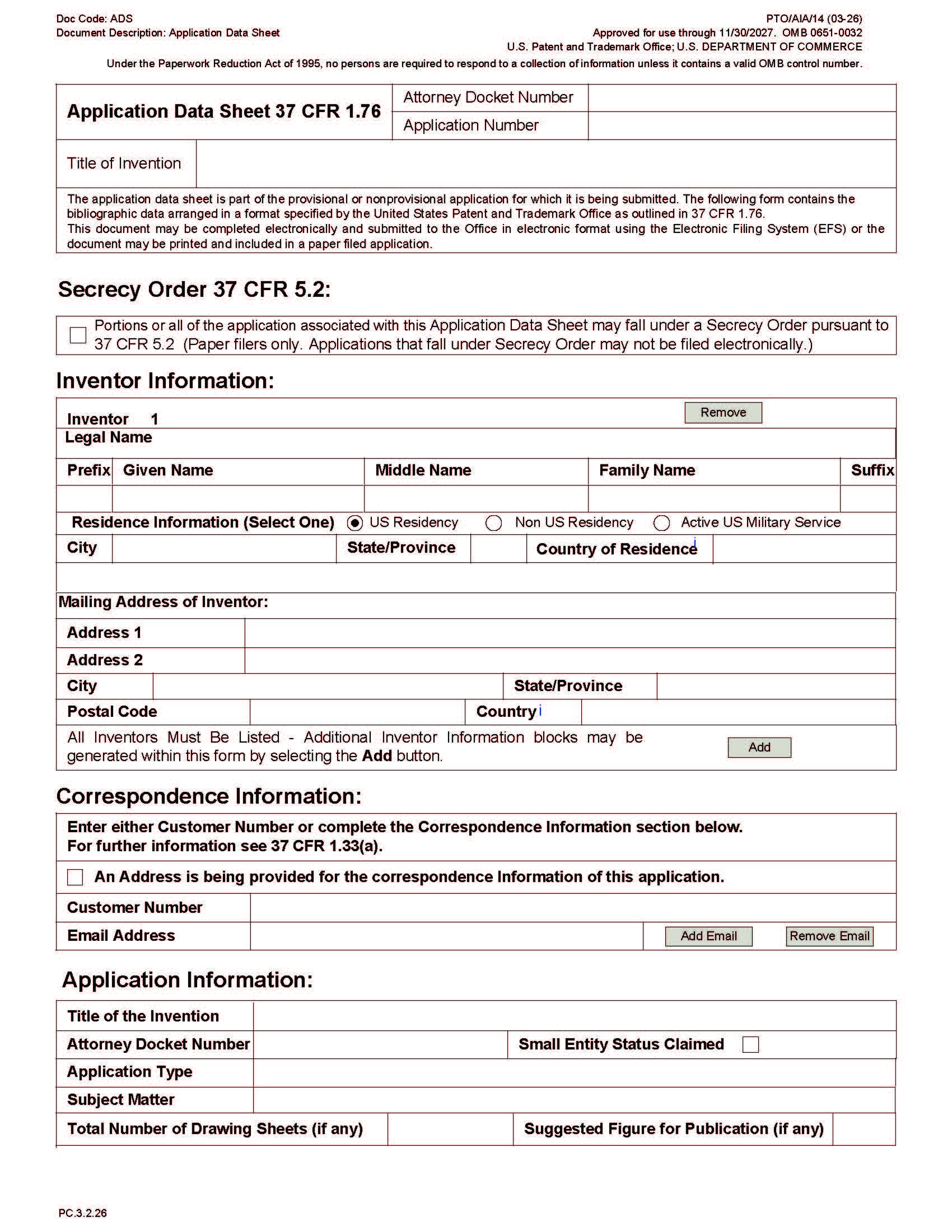 Application Data Sheet 37 CFR 1.76 (Patent Center Submission) {PTO-AIA-14} | Pdf Fpdf Docx | Official Federal Forms