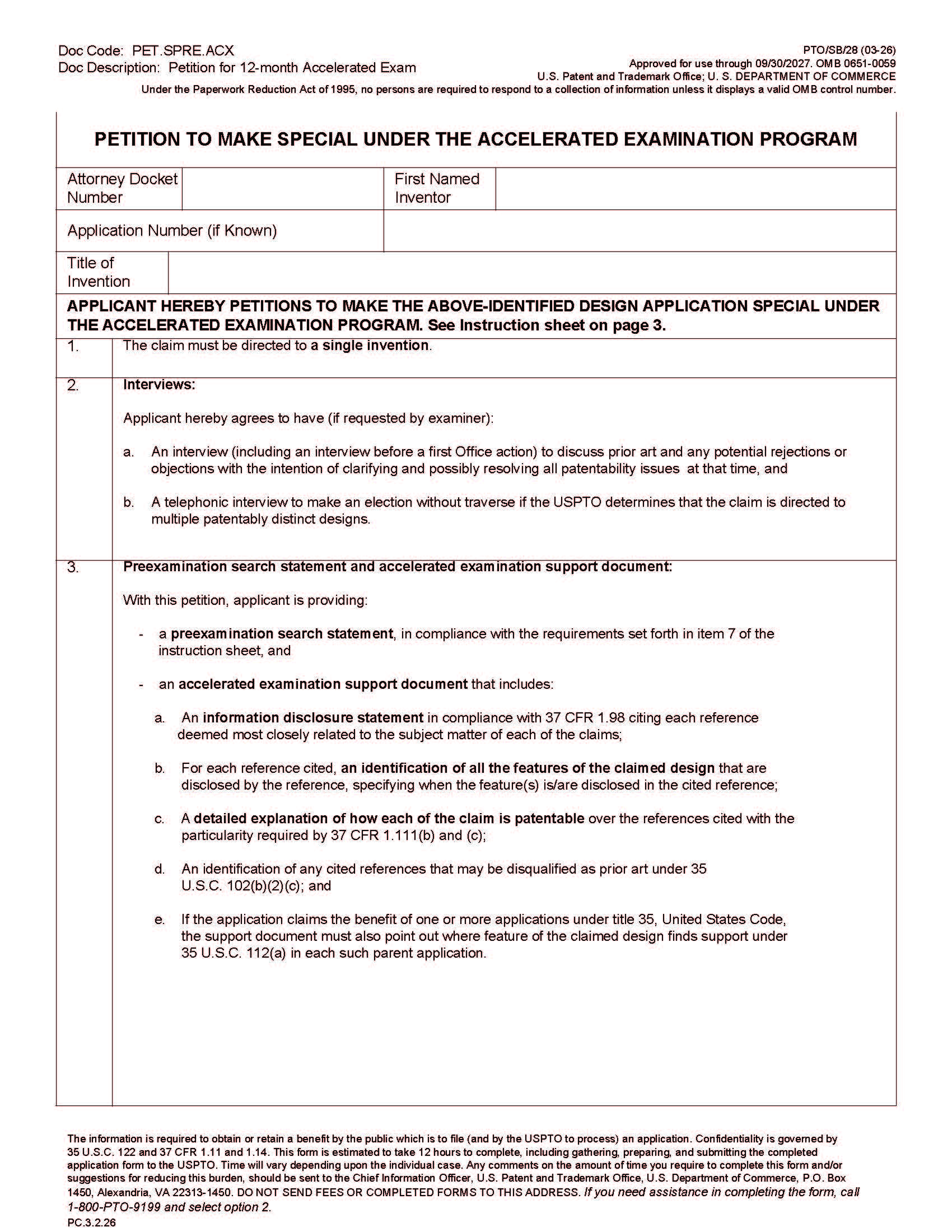 Petition To Make Special Accelerated Examination Program (Patent Center Submission) {PTO-SB-28} | Pdf Fpdf Docx | Official Federal Forms