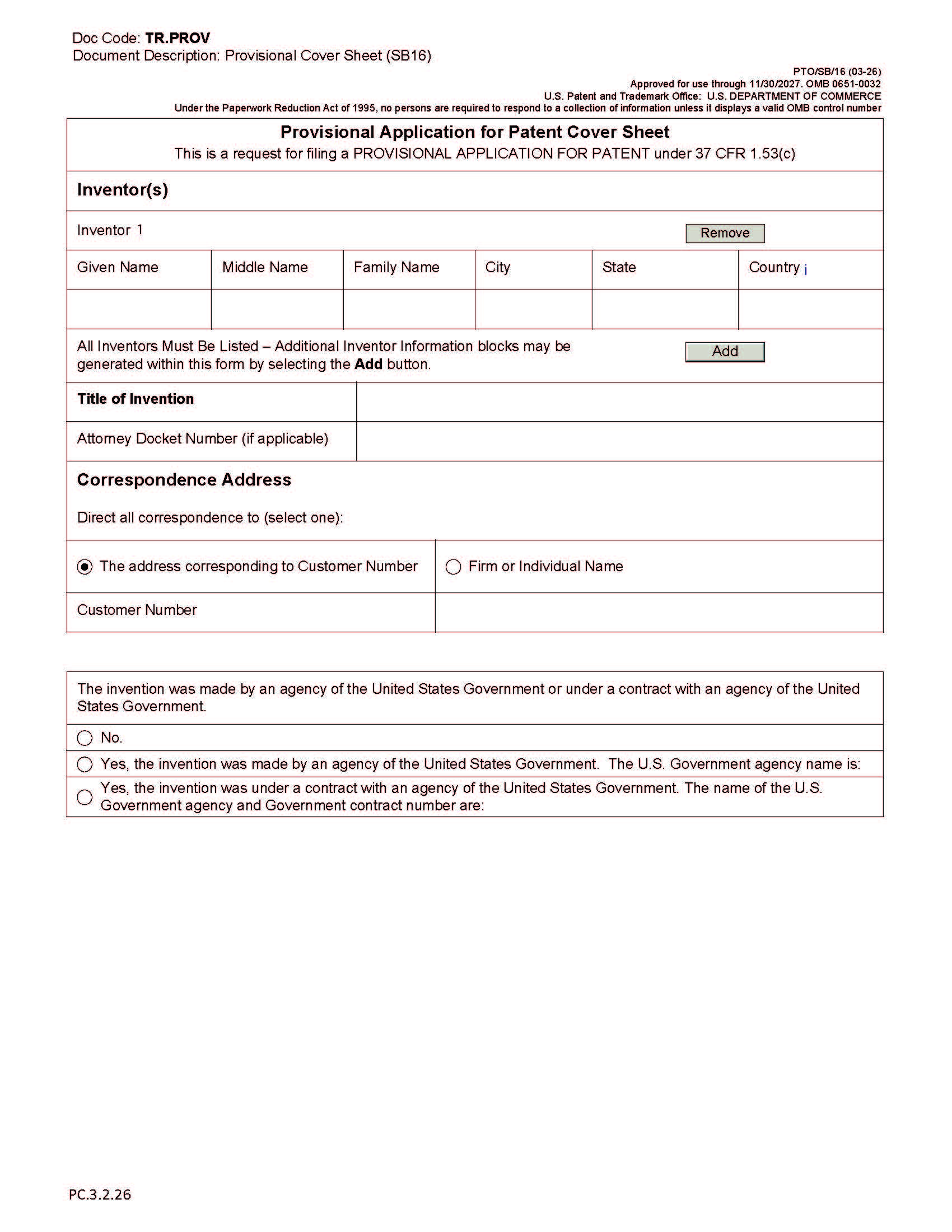 Provisional Application For Patent Cover Sheet (Patent Center Submission) {PTO-SB-16} | Pdf Fpdf Docx | Official Federal Forms
