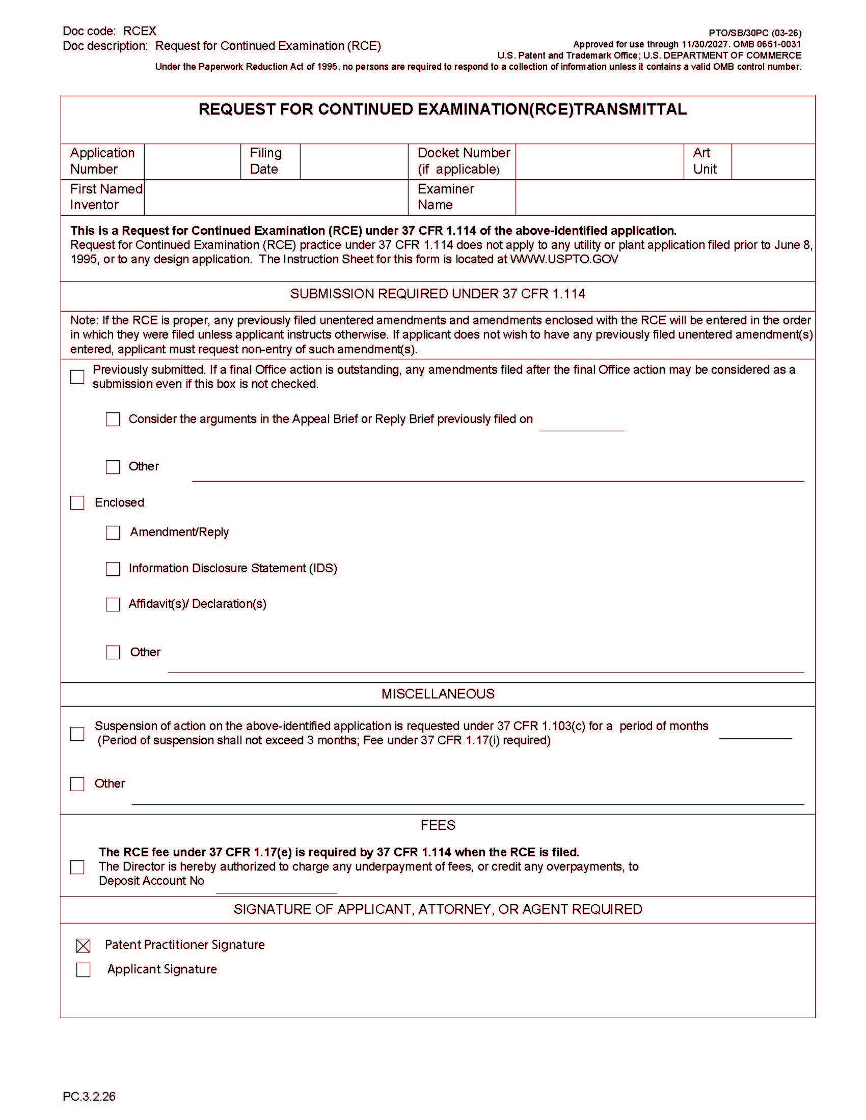 Request For Continued Examination (RCE) Transmittal (Patent Center Submission) {PTO-SB-30PC} | Pdf Fpdf Docx | Official Federal Forms