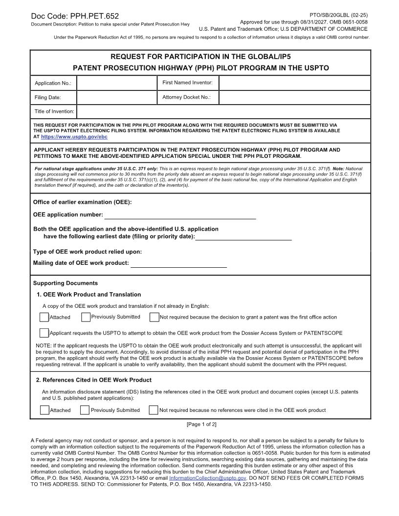 Request For Participation In The Global-IP5-(PPH) Pilot Program In The USPTO {PTO-SB-20GLBL} | Pdf Fpdf Docx | Official Federal Forms