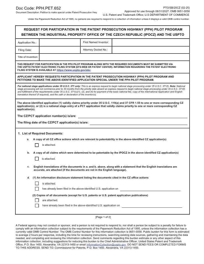 Request For Participation-(PPH) Pilot Program Between (IPOCZ)-USPTO {PTO-SB-20CZ} | Pdf Fpdf Docx | Official Federal Forms